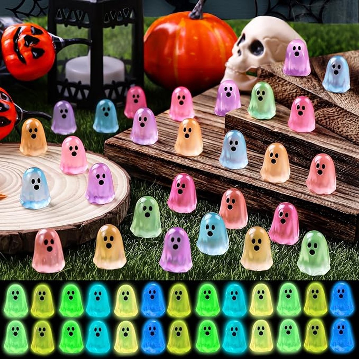 100 Stuks - Lichtgevende Halloweenversieringen - Spookbeeldje van hars - Halloweenversieringen - Halloweencadeaus - Tafeldecoraties voor feestjes, tuinen en bloempotten