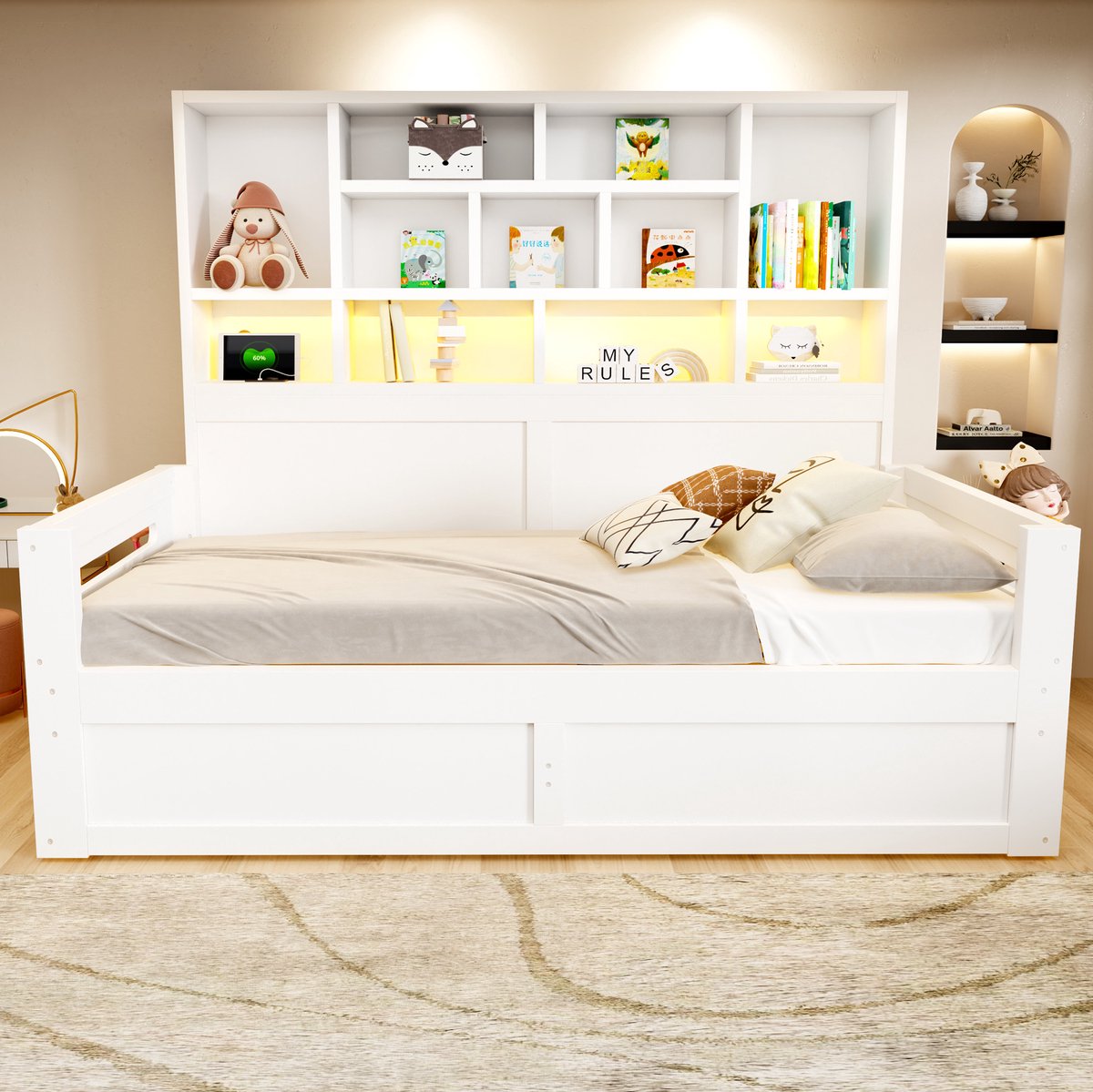 REDOM - Slaapbank - Opbergruimte in hoofdbord en onderbed - LED-verlichting en stopcontacten - Modern - Slaapkamer - MDF - Wit - 205 x 114 x 150 cm