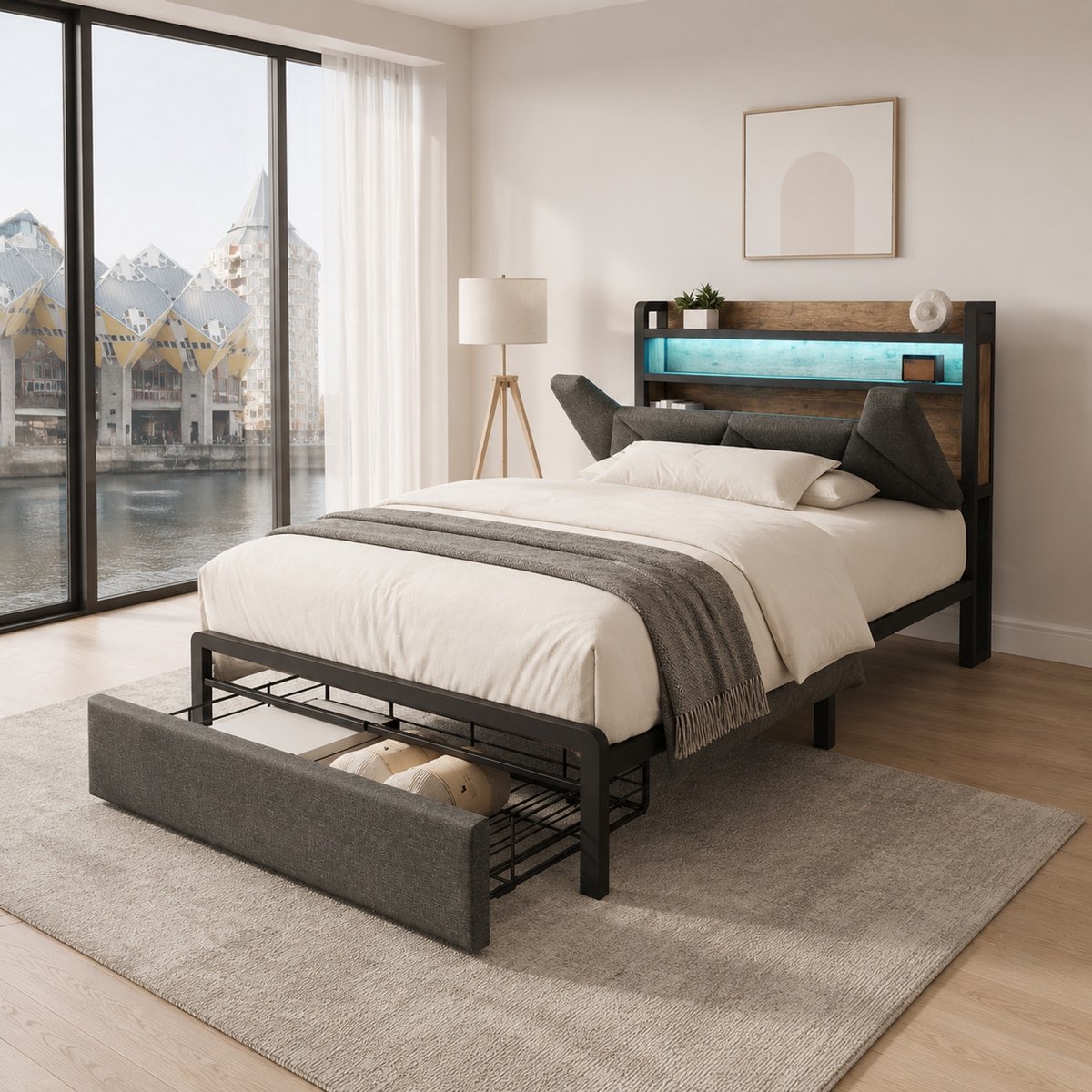 WUVRIE Bed 90x200 cm met LED verlichting, USB-C, opbergruimte en lade, grijs