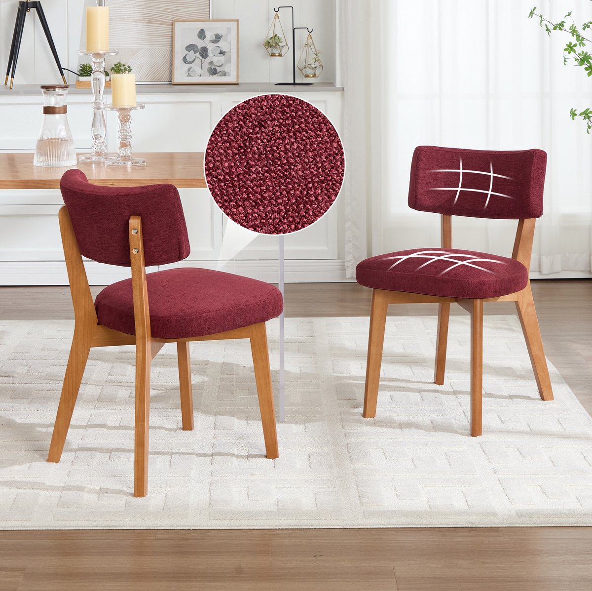 MODFU - Eetkamerstoel - Ergonomische Rugleuning - Mid-Century - Stof - Wijnrood - Set Van 2