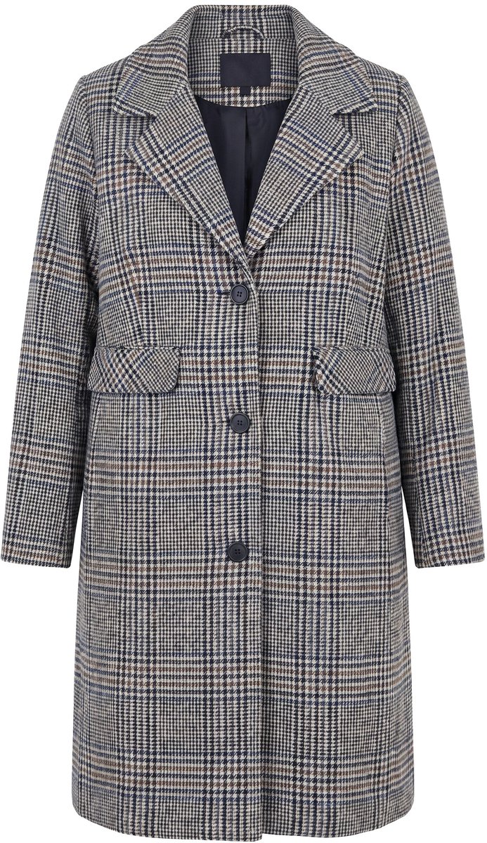 Ulla Popken - Dames - Geruite mantel wollen look A-lijn reverskraag - Off-white - Maat 46+