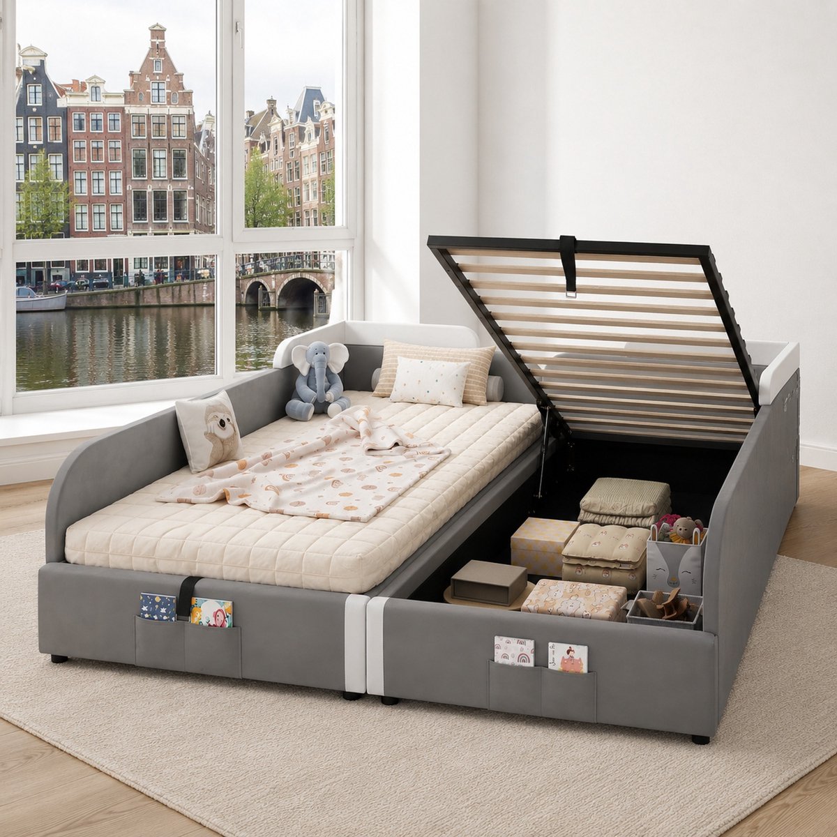 WUVRIE Kinderbed met opbergruimte 205x187x71 cm, hydraulisch, met zachte omheining, grijs