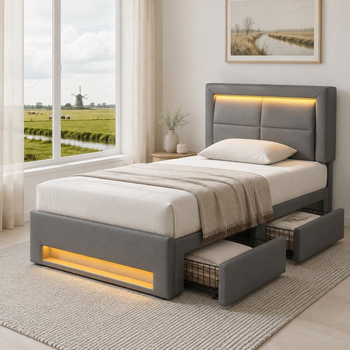 WUVRIE Gestoffeerd bed 90x190 cm met LED-verlichting, USB-aansluiting en 4 lades, grijs