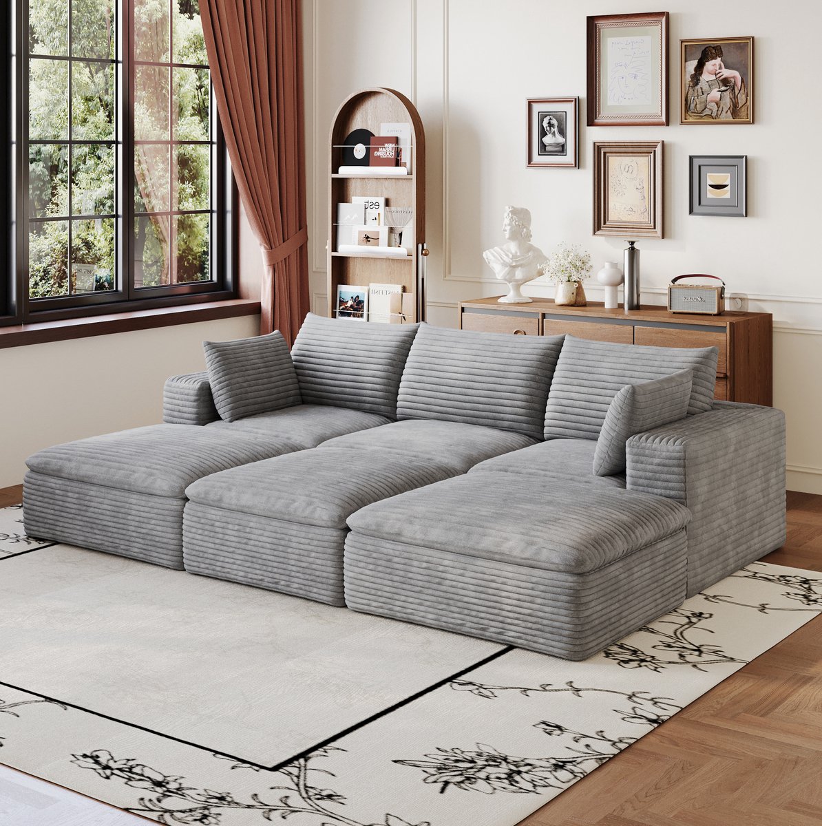 REDOM Hoekbank - Modulaire constructie - Afneembare kussens - Corduroy - Woonkamer - Stof - Grijs - 260 x 160 x 82 cm