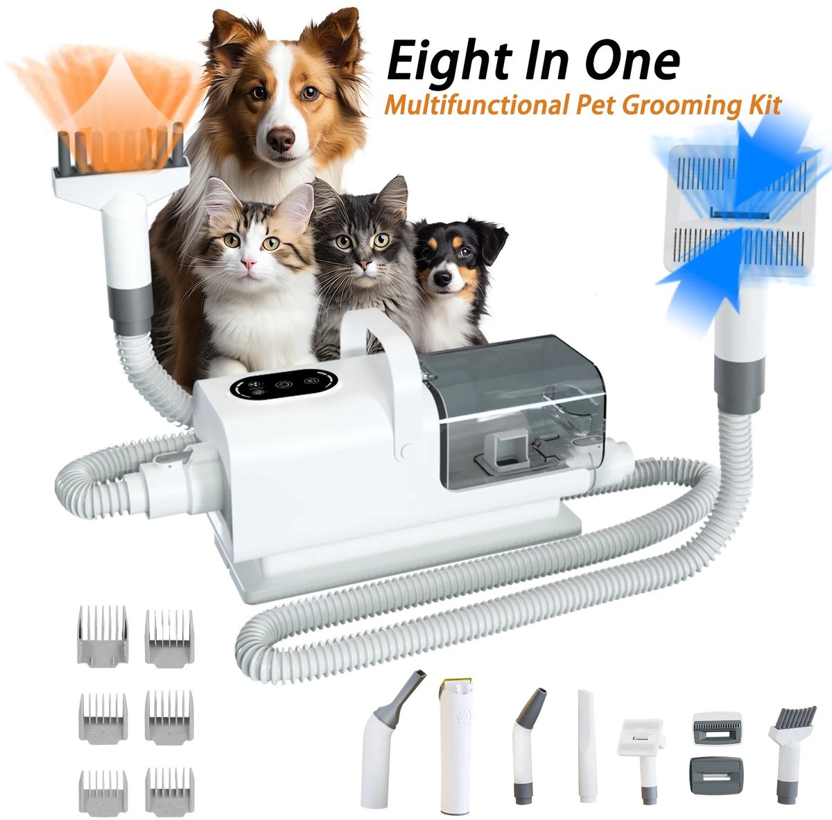 Homezo haarstofzuiger - 8-in-1 Verzorgingsset voor honden en katten - Tondeuse - Stofreservoir - 3 Zuigstanden - 6 Opzetkammen -