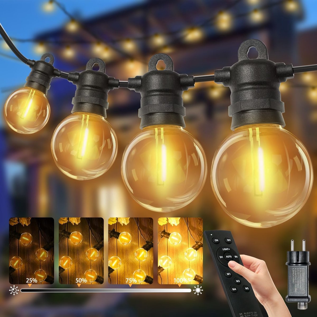 Lichtsnoer 20m - 30 LED G40 - IP68 Waterdicht - Afstandsbediening - Binnen en Buiten