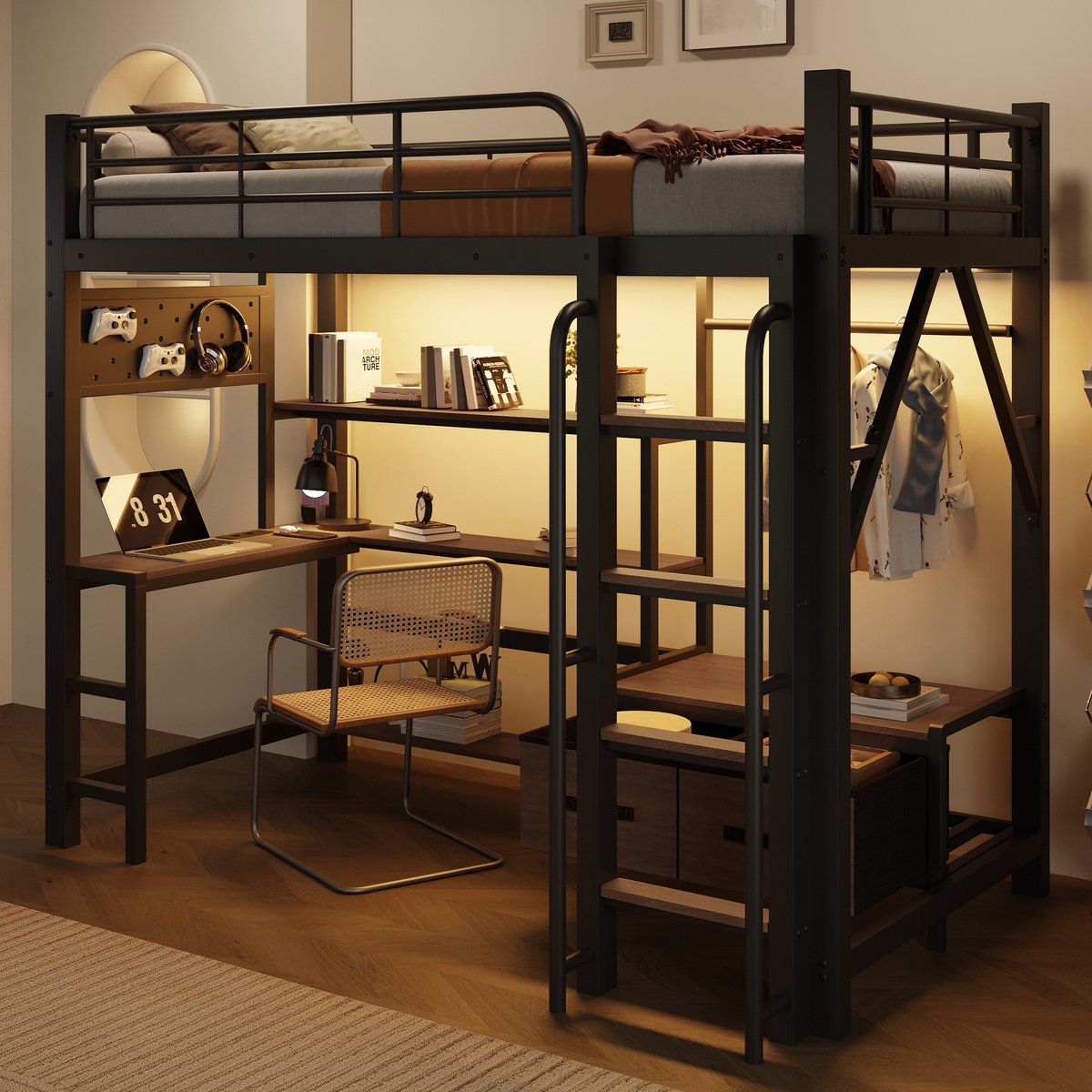 Clruro Hoogslaper 90x200 cm - Met Bureau, LED Licht en USB Aansluiting - Lochwand, Legplanken en Stoffen Laden - Metaal/MDF - Wit