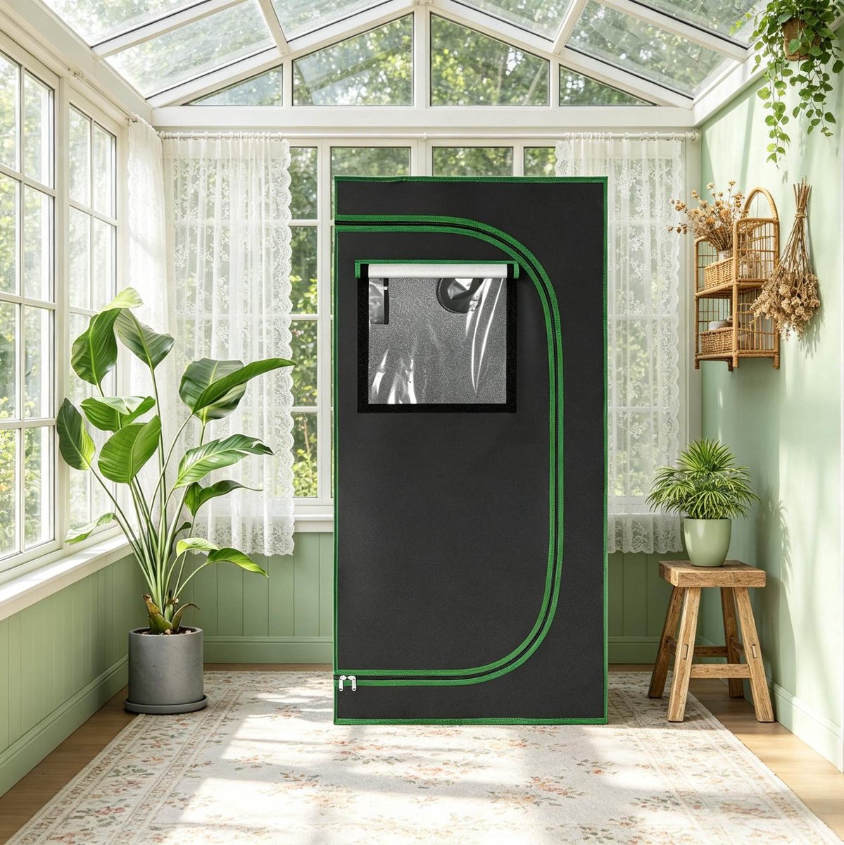 Wishdor Kweektent - Ventilatievensters en observatievenster - Stevig frame en lichtdichte ruimte - Binnenkweek en hydroponie - Oxford stof en staal - Zwart en groen - 60 x 60 x 120 cm