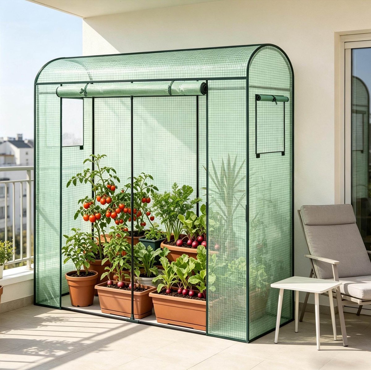 Wishdor Foliekas voor kruiden en tomaten - Tunnelkas met ventilatieramen en oprolbare deur - Stalen frame - Tuin balkon terras kas - Groen - 170 x 68 x 200 cm