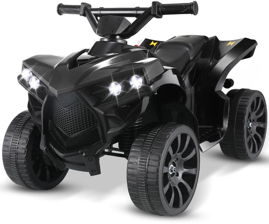 Zwarte elektrische kinderquad met vier wielen, koplampen en een stuur.
