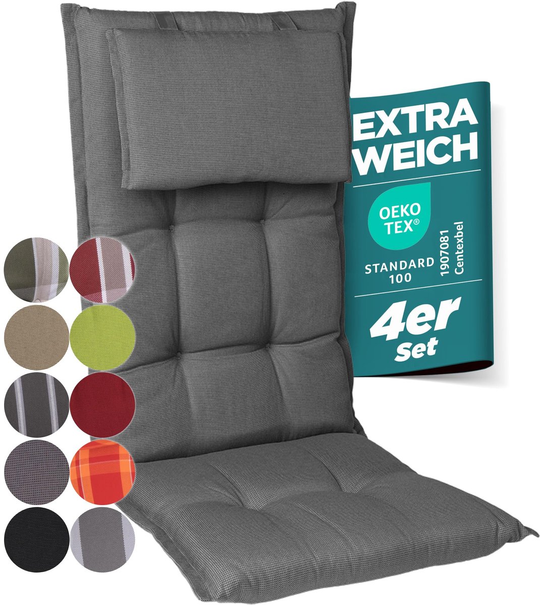 Tuinstoelkussens van polyacryl, 8 cm dik, met hoofdsteun