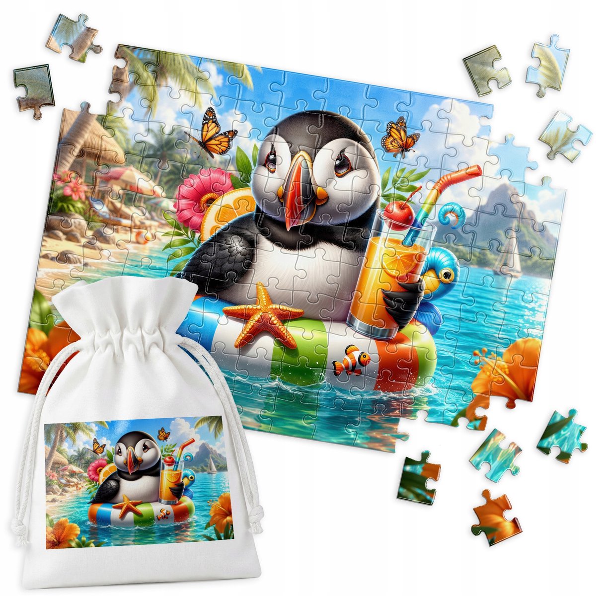 Merkloos Puzzel 120 Stukjes: Pinguïn, Strand, Drink, Exotische Vogel