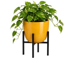 Mica Decorations plantenpot - geel - keramiek - D25 x H23 cm - op verhoger van metaal - zwart - verhoogt 14 cm