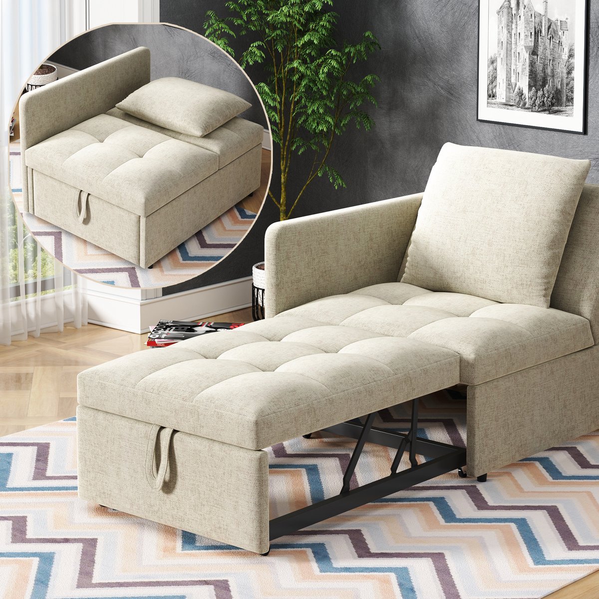 Slaapbank - 177 x 68 x 65 cm - stoffen bekleding - met slaapfunctie - met verstelbare rugleuning - inclusief kussens - met stevig frame - Beige