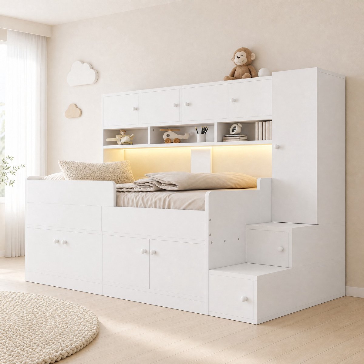 REDOM Bed - Hoogslaper met opbergruimte - Trap met opbergvakken en veiligheidsrail - LED-verlichting - Kinderkamer - MDF en spaanplaat - Wit - 238 x 96 x 150 cm