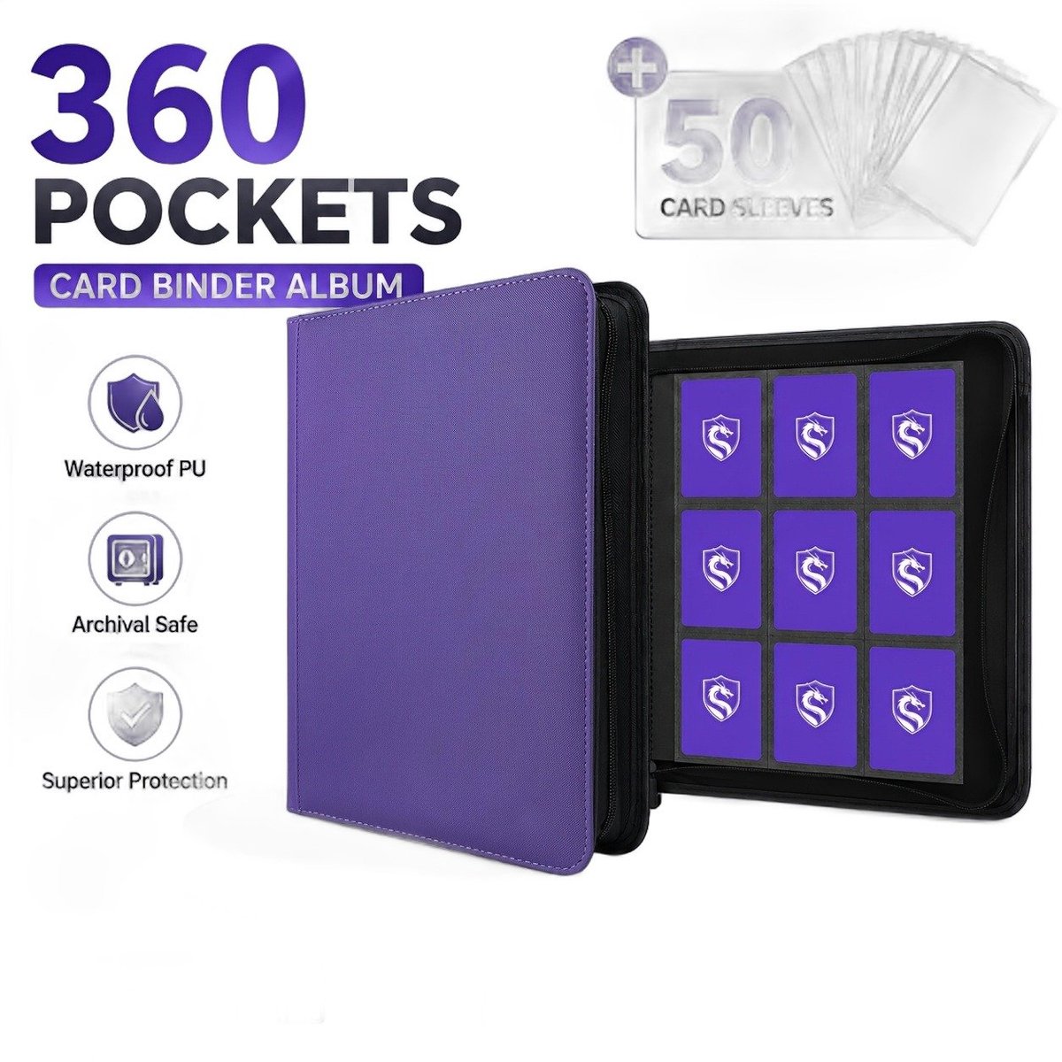 Currero Toploader Binder - Verzamelmap Kaarten - Geschikt voor Pokemon - 4 Pocket - 9 Pocket - 12 Pocket - Trading Card Map - Toploadermap - Paarse+50 Kaarthoezen