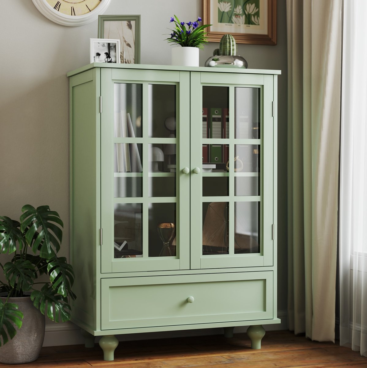 REDOM - Buffetkast - Dubbele openslaande glazen deuren - Lade - Moderne stijl - Woonkamer en eetkamer - MDF en glas - Mintgroen - 71,12 x 38,1 x 96,52 cm