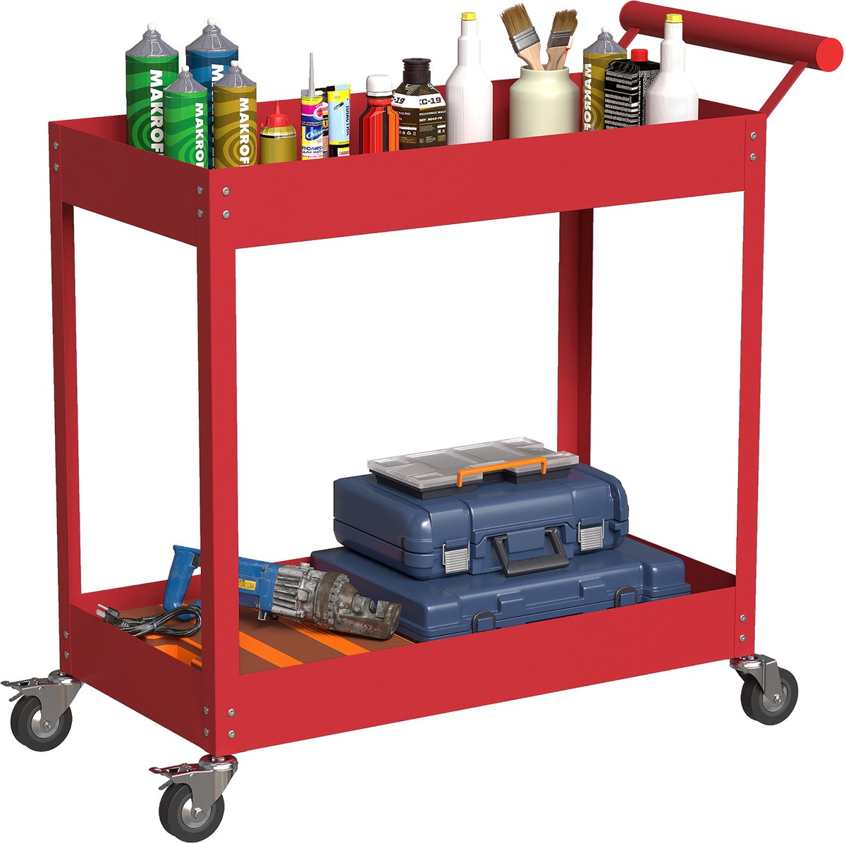 2 Niveaus Rolwagen - Staal - 150kg - met Wielen - Rood
