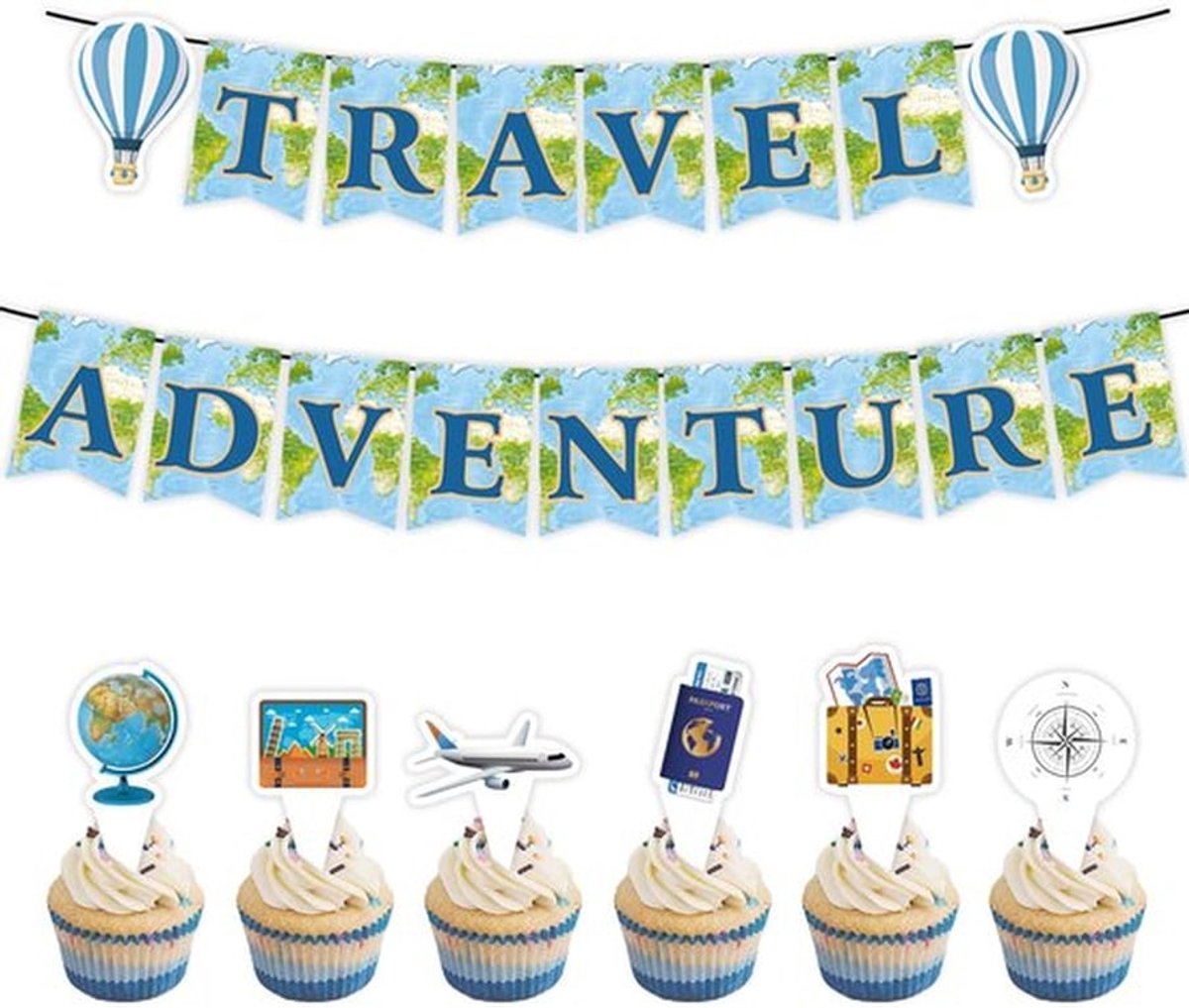 Bon Voyage Feestdecoratie - Reis Thema - Kleurrijke Versiering - Blauw - Cupcake-toppers - Fotoprops voor Feestjes - Geschikt voor Baby's