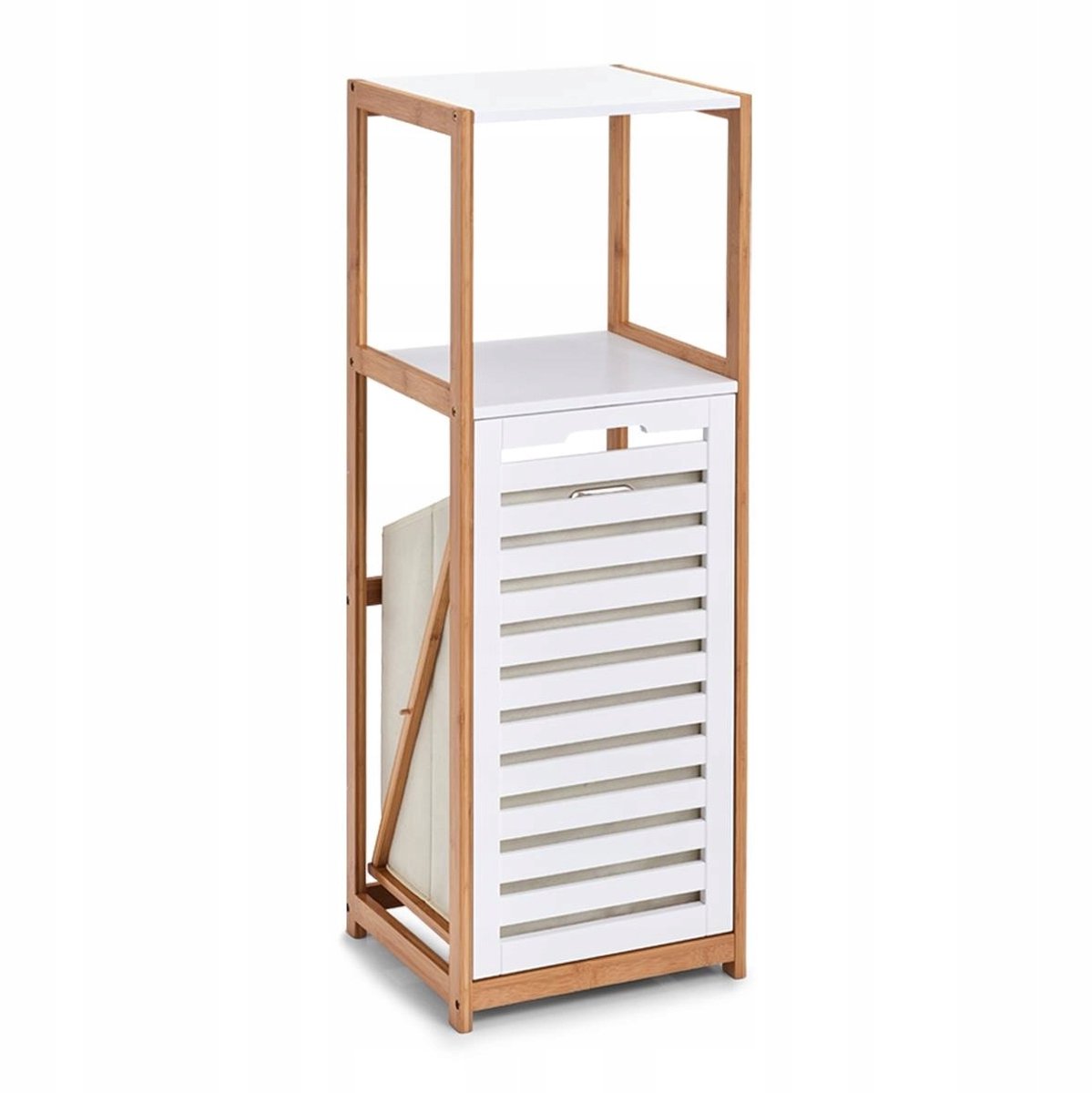 Badkamerkast met wasmand - Wit & Bamboe - 2-in-1 met planken
