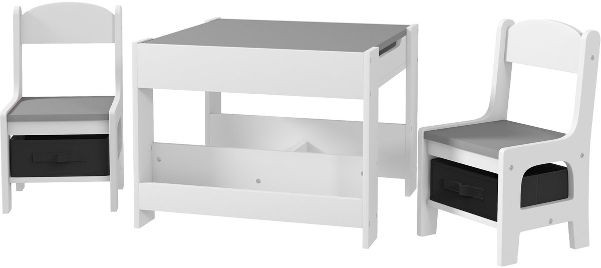 Set van 3 stuks: kindertafel en 2 stoelen met omkeerbaar bord als krijtbord, opbergmand en planken