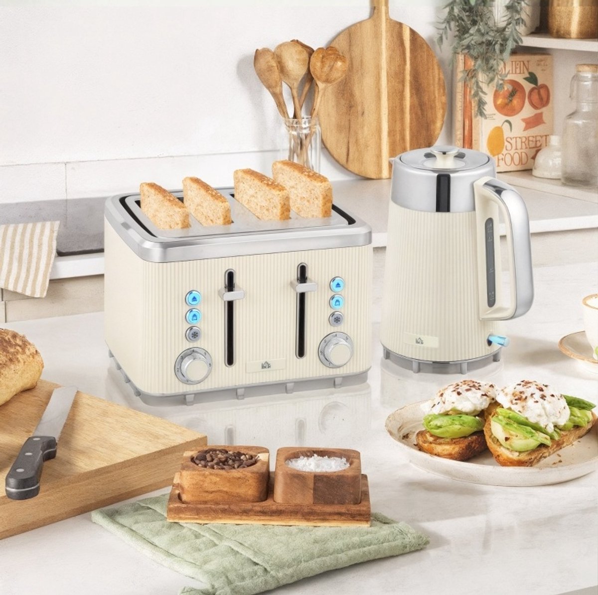 MODFU - Waterkoker En Broodrooster Set - 1,7L - 2200W - Cremewit - RVS