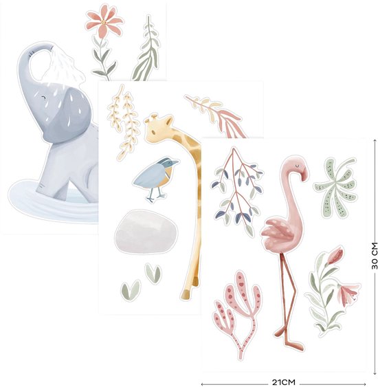 Olifant, giraf, flamingo en vogel stickers. Afmetingen: 21cm breed en 30cm hoog.