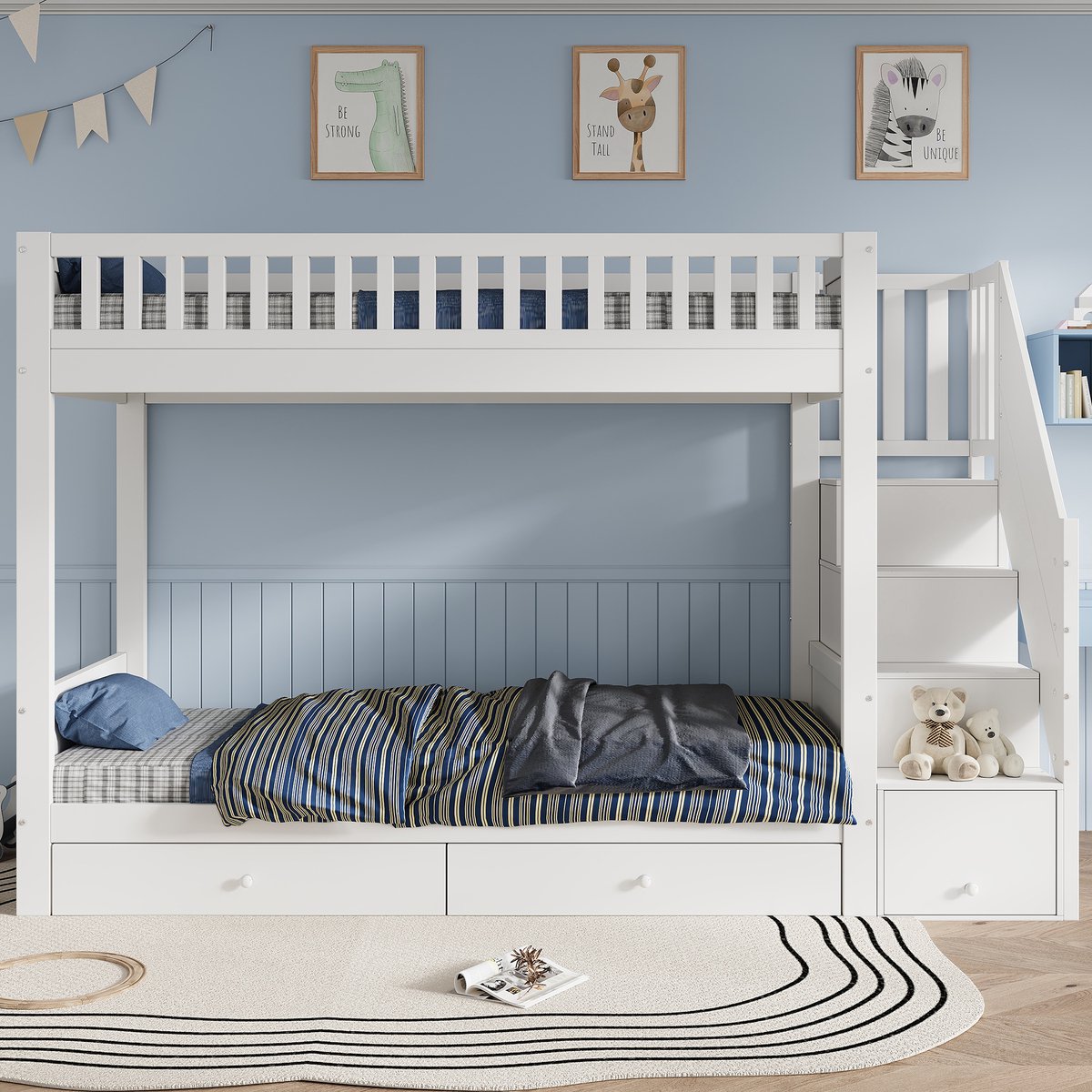 VVBV Hoogslaper 90x200 – Houten Hoogslaper met Opbergruimte, Lades, Ladder, Trap en Uitvalbeveiliging – Zonder Matras – Modern Design – Houtlook – Wit
