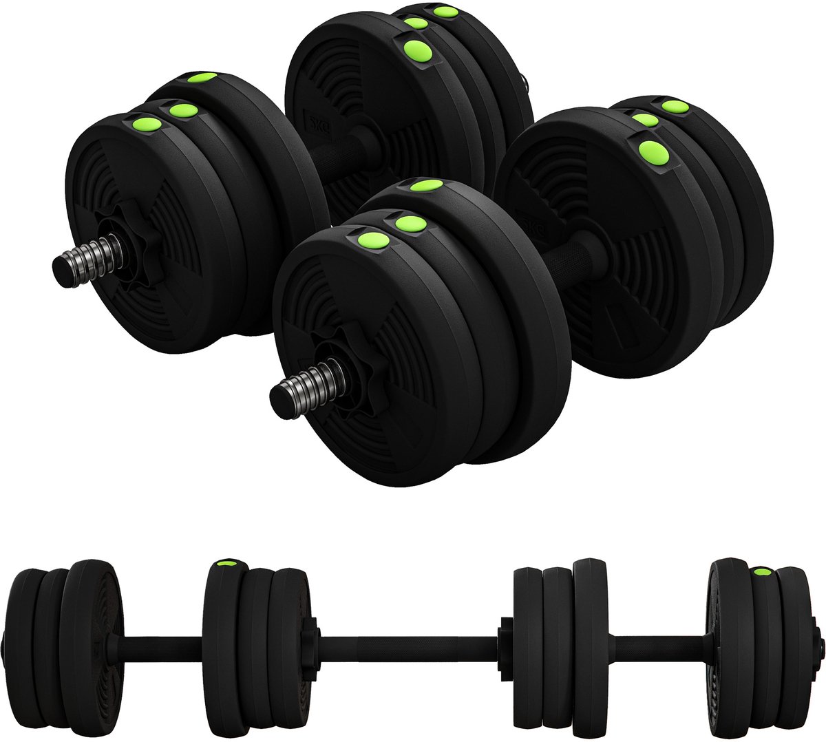 2-in-1 halterset 20 kg - verstelbaar gewicht - krachttrainingsset - verlengstang - antisliphandgreep - zwart