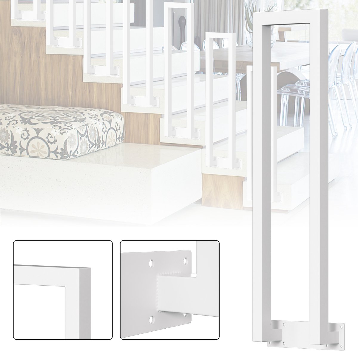 U-vormige trapleuning 110 cm wit – ijzeren leuning met vierkante buis, zijmontage, binnen en buiten, incl. montagepakket