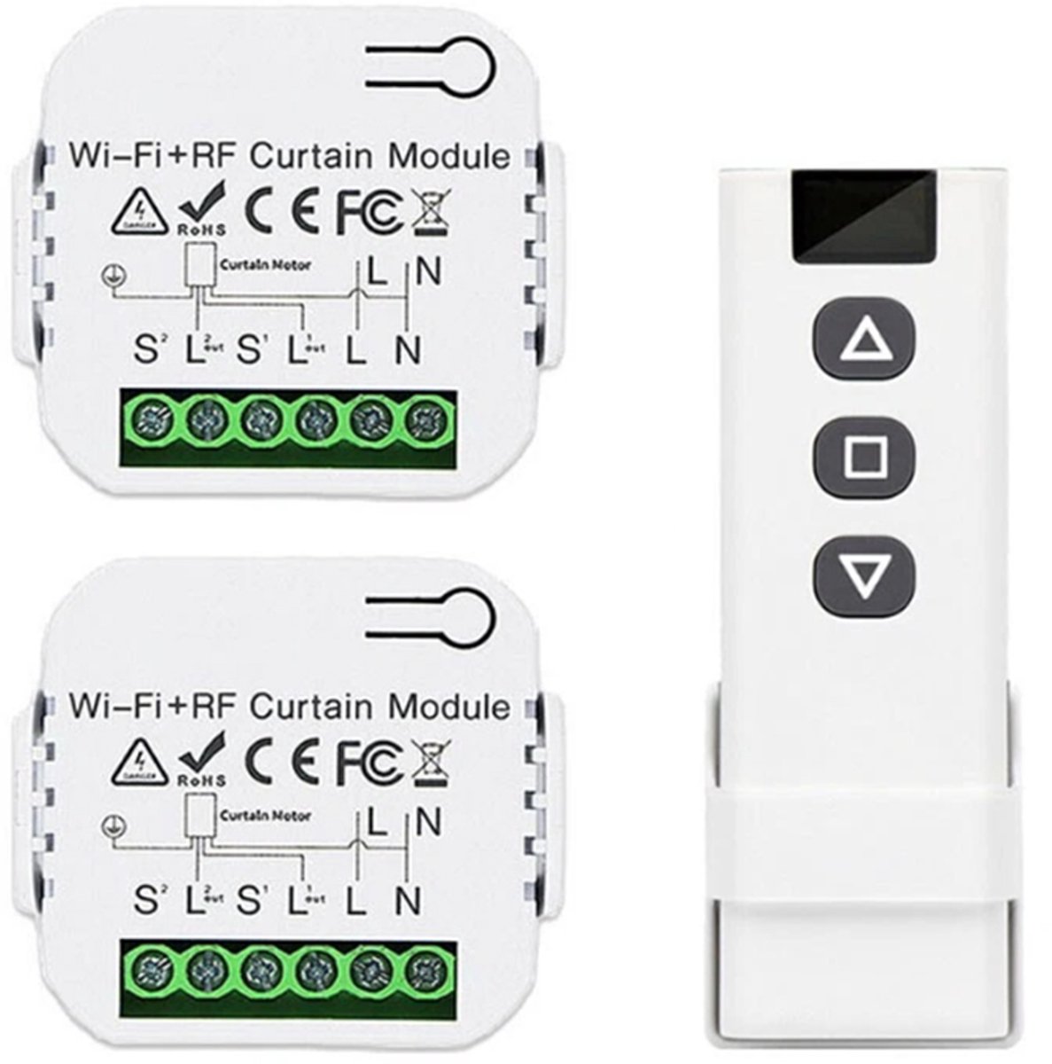 Rolgordijnschakelaar - Slimme module - Gordijn aan/uit-schakelaar - Tuya APP-timer - Smart Home Wi-Fi - RF-schakelaar voor rolgordijnen - Inclusief 2 wifi-units, 1 433 MHz afstandsbediening en RF-schakelaar/gordijnmodule - Wit