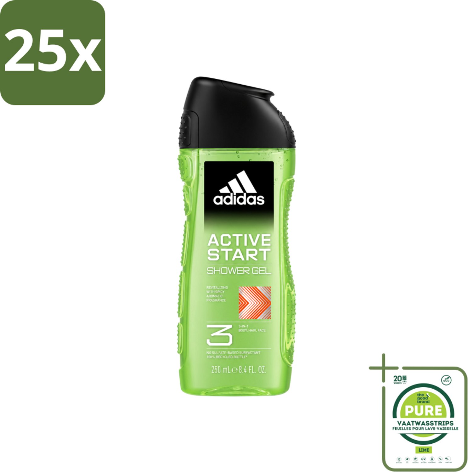 25 x Adidas - 3-in-1 Douchegel - Active Start - Kruidige Geur - Gerecyclede Verpakking - 250 ml - Grootverpakking - Vaatwasstrips - Douchegel - 3-in-1 - Lichaam - Gezicht - Haar