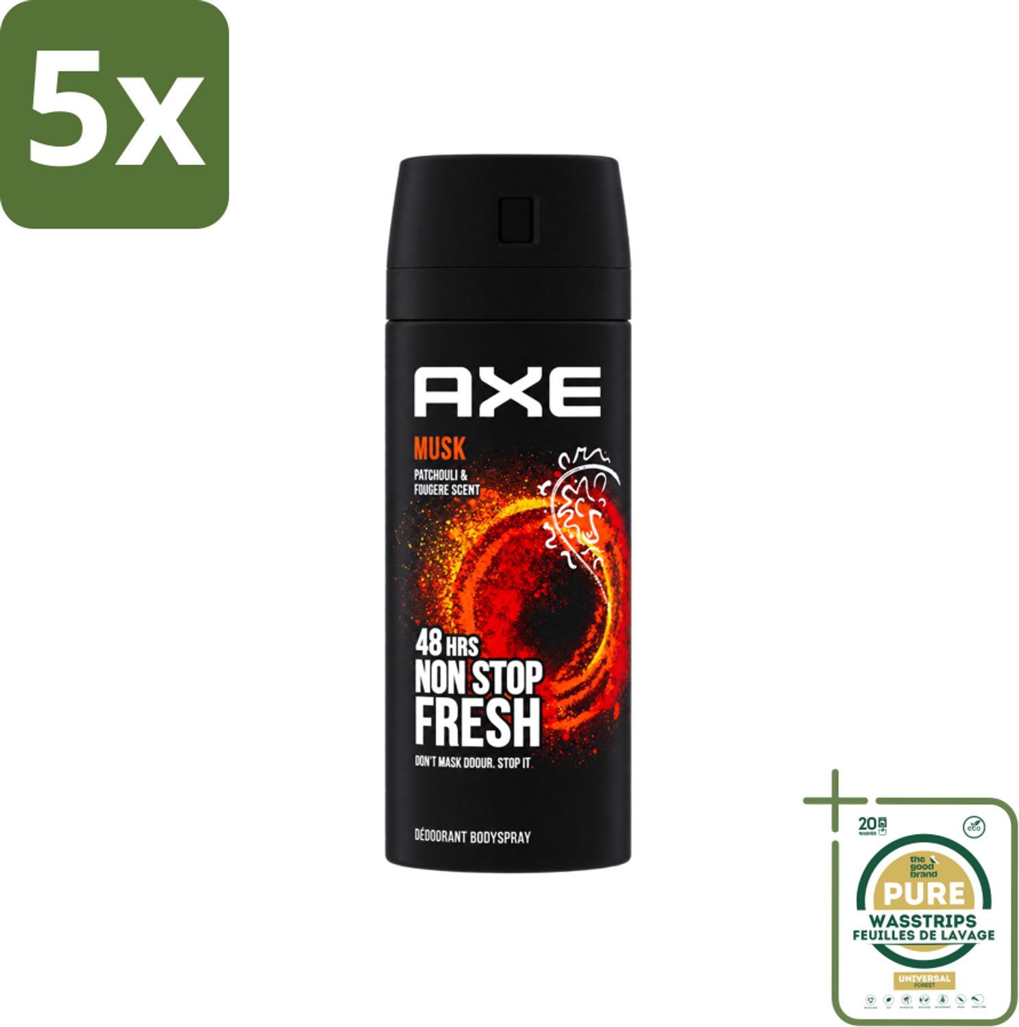 5 x Axe - Deodorant Bodyspray - 48hrs Non Stop Fresh - Musk - Patchouli & Fougere - 150 ml - Wasstrips - Axe Musk Deodorant - Musk Deodorant - Deodorant Bodyspray - 48h Fresh - Musk Geur