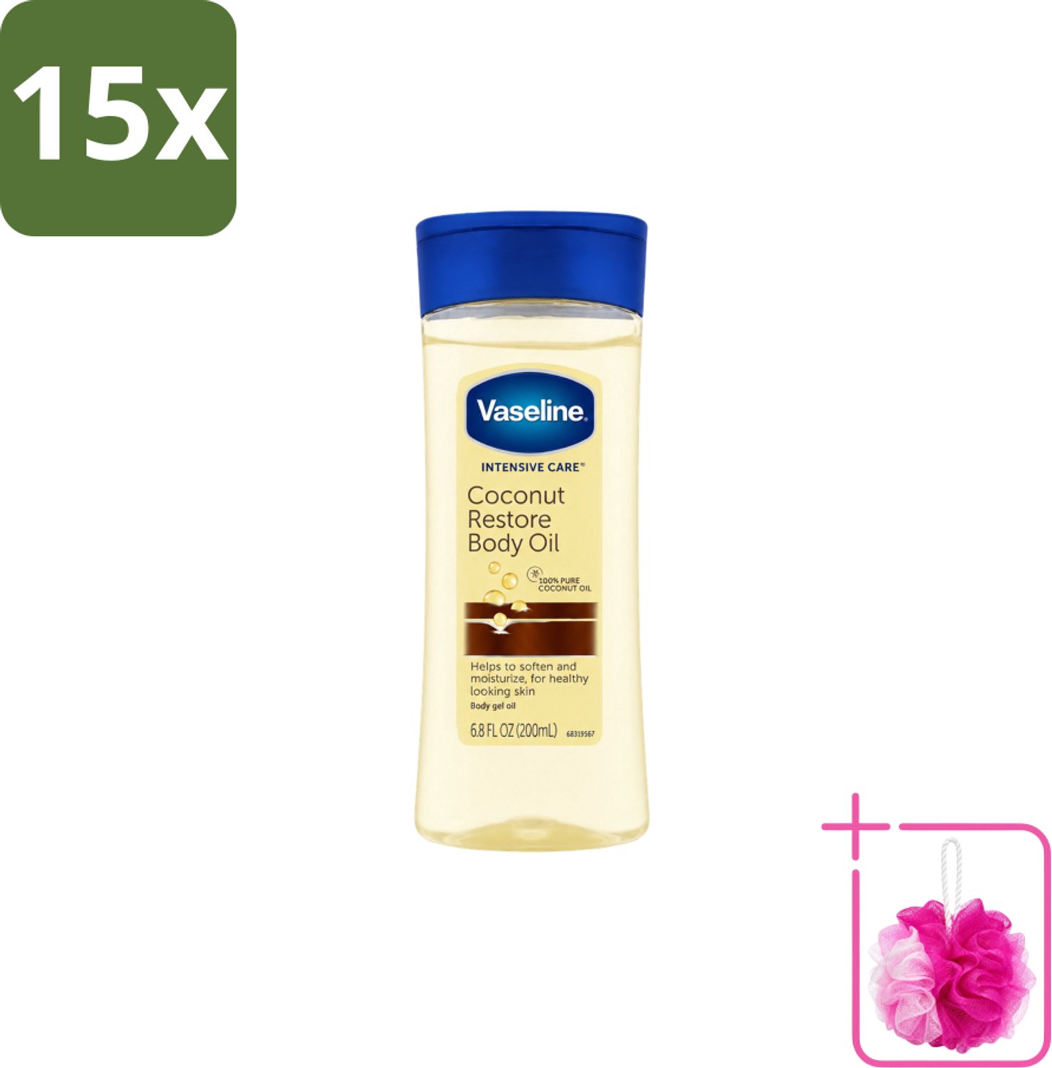 15 x Vaseline – Body Oil – Coconut Restore – 200 ml - Bulkverpakking - Lichaamsolie - Douchemop - Hydraterende olie