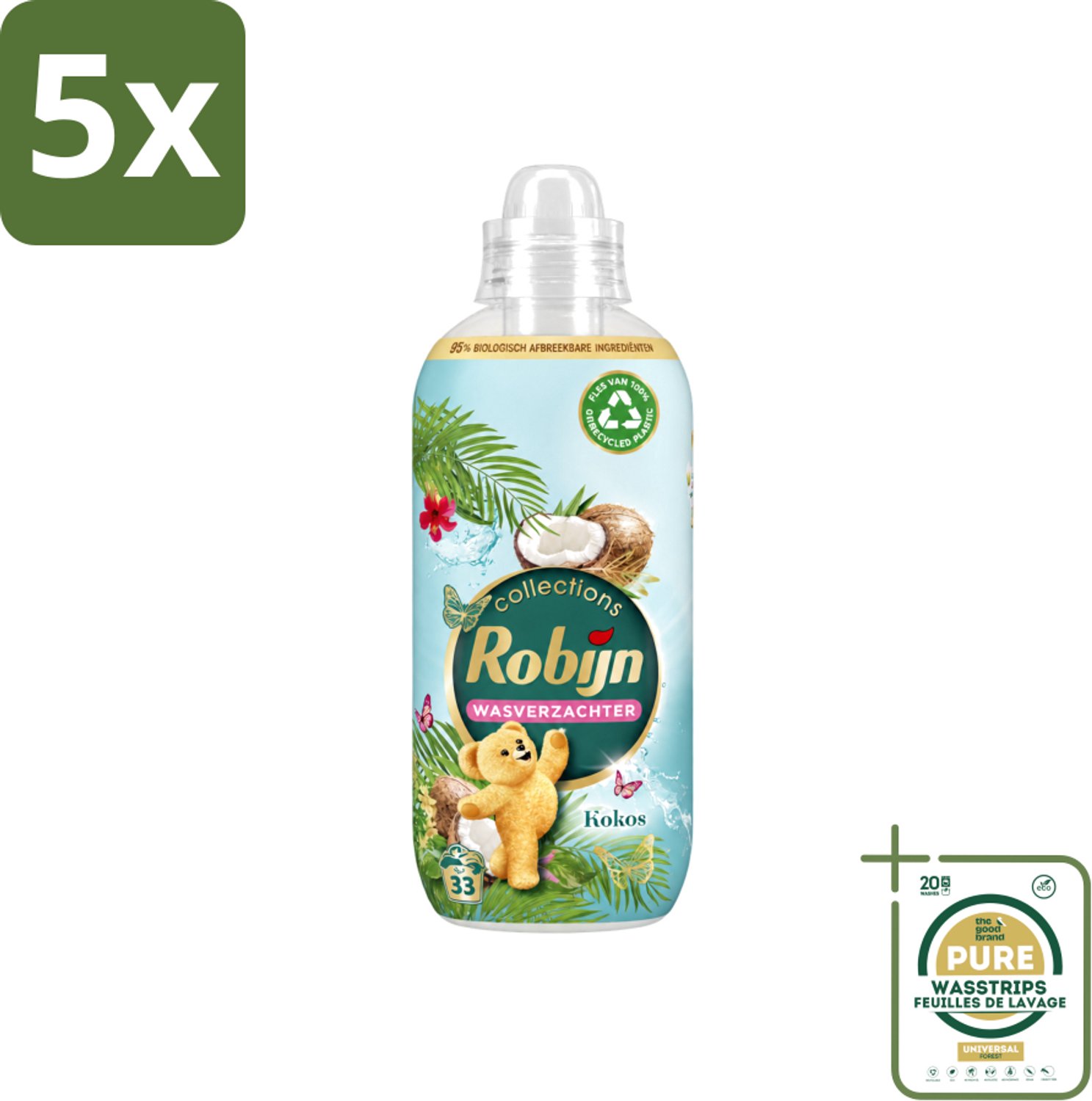 5 x Robijn - Kokos Sensation - Wasverzachter - Tropische Geur - 33 Wasbeurten - 825 ml - Wasstrips - Wasverzachter - Kokosgeur - Wasverzachter Tropisch - Wasverzachter Voor Kleding - Wasverzachter Kokos