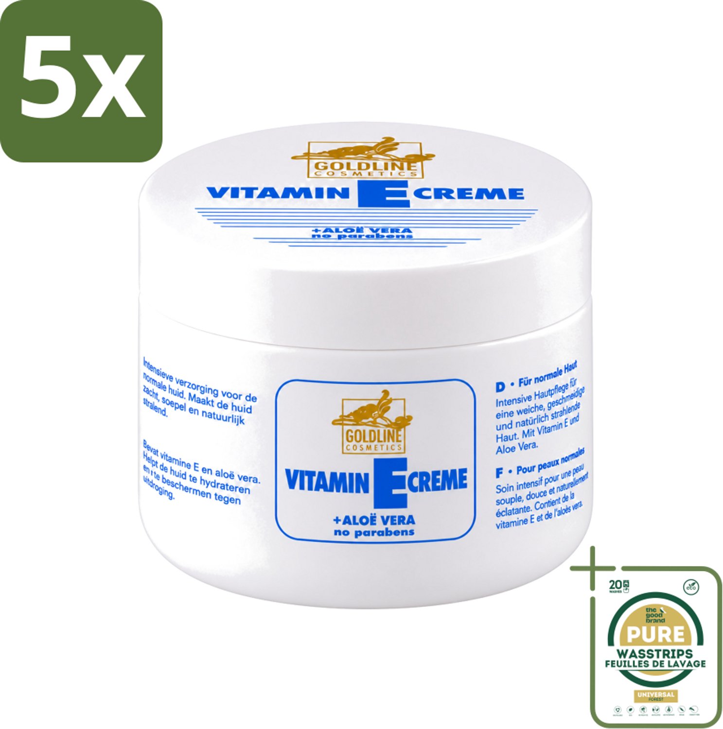 5 x Goldline - Bodycrème - Vitamine-E & Aloë Vera - Normale Huid - Hydraterend - 250 ml - Wasstrips - Bodycrème - Vitamine E - Aloë Vera - Hydraterend - Huidverzorging