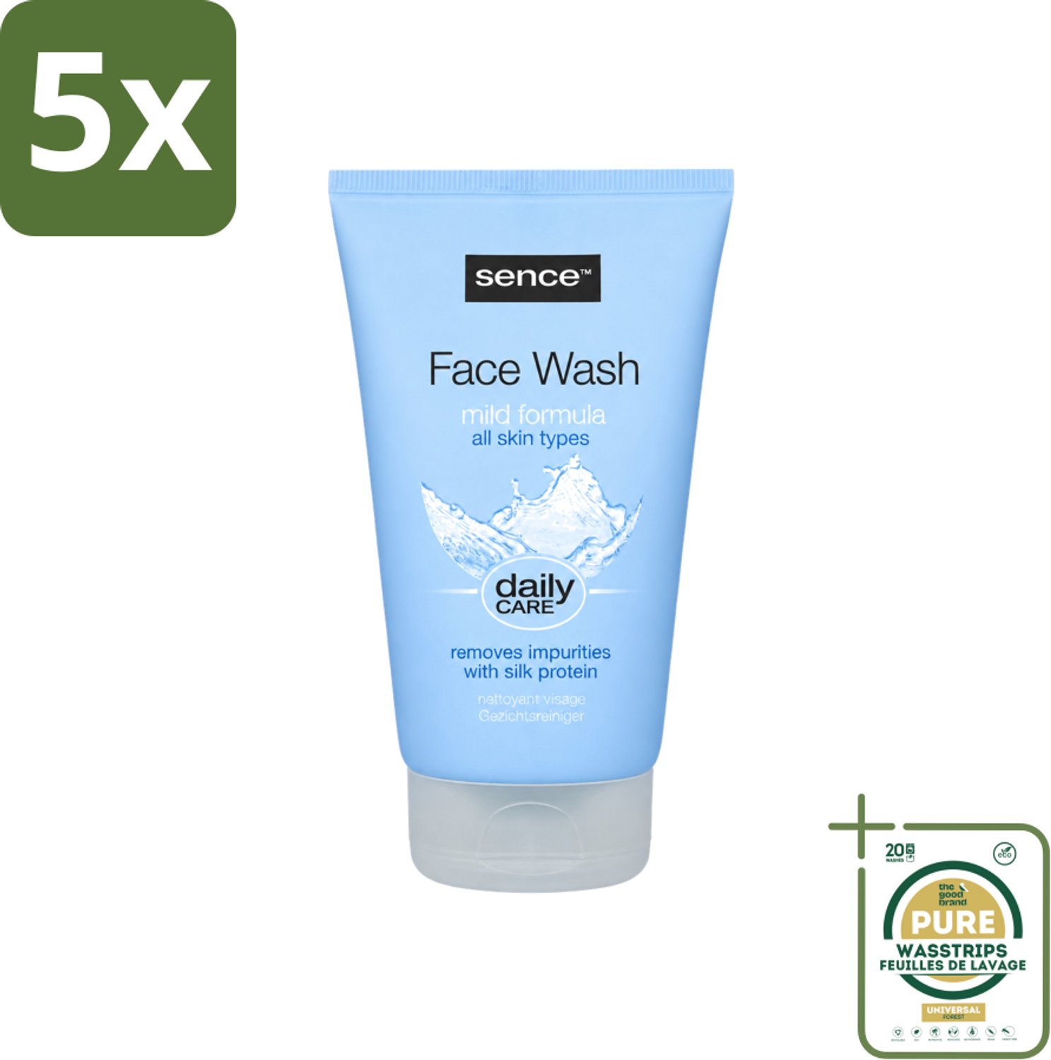 5 x Sence - Alle Huidtypes - Face Wash - Verfrissend - 150 ml - Wasstrips - Face Wash - Huid Reinigen - Huid Verzorgen - Huid Verfrissen - Zijdeproteïne