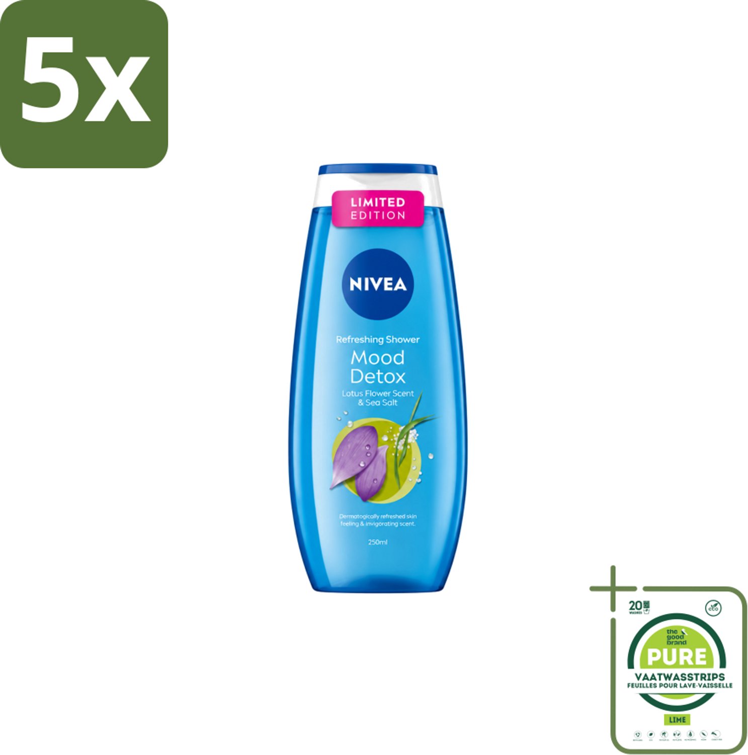 5 x Nivea – Douchegel – Creme Mood Detox – 250 ml - Grootverpakking - Vaatwasstrips - Douchegel - Zeezout - Ontspanning - Huidverzorging - Mood Detox