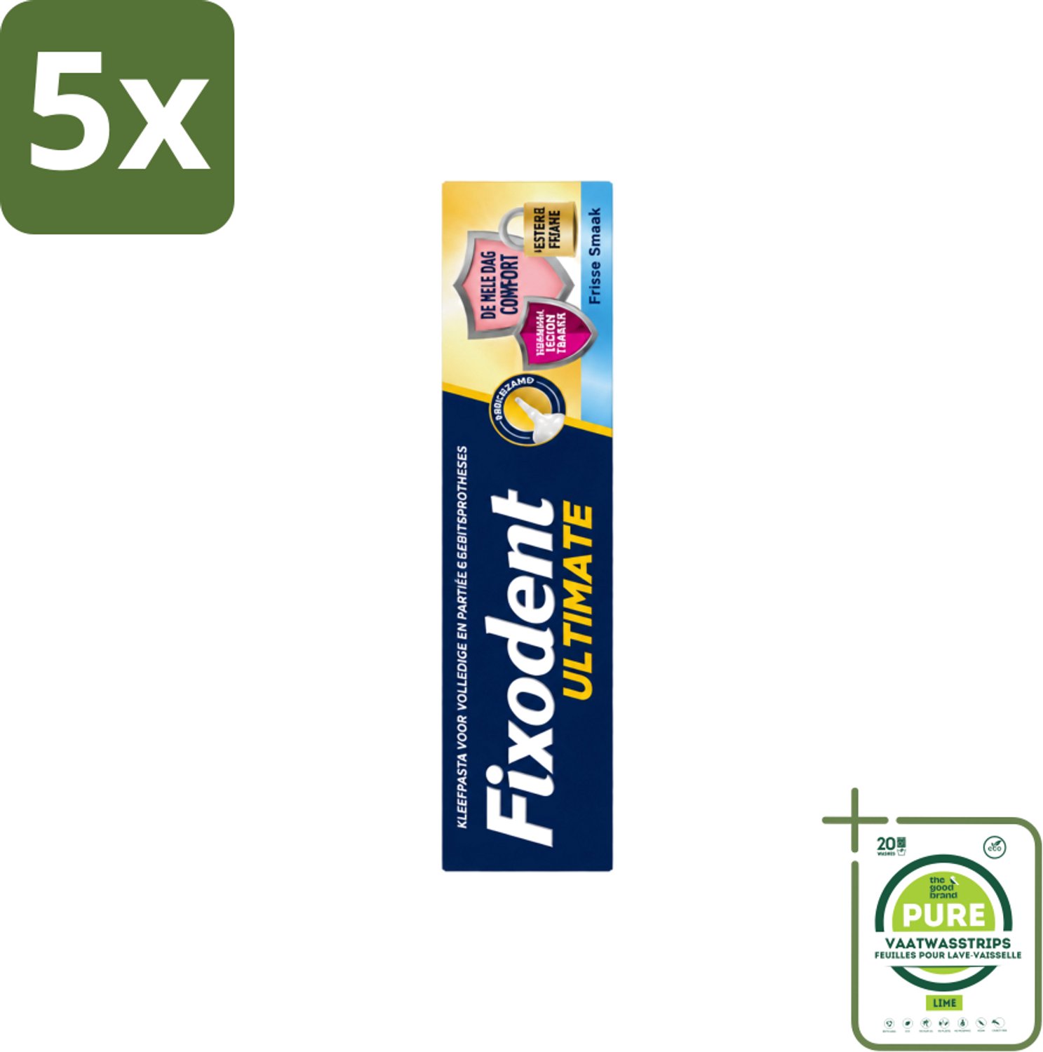 5 x Fixodent – Kleefpasta – Ultimate Fresh – 40 g - Grootverpakking - Vaatwasstrips - Kleefpasta Kunstgebit - Kunstgebit Fixatie - Voedselresten Voorkomen - Frisse Muntsmaak - Precisiepunt Mondstuk