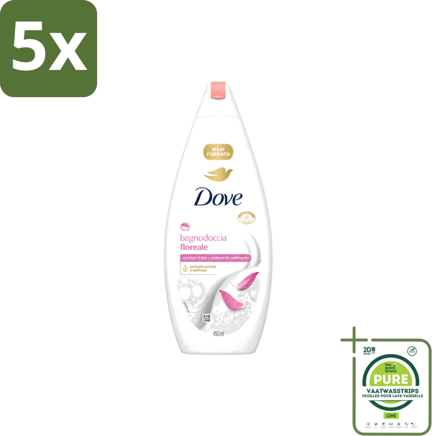 5 x Dove – Douchegel – Lotus Bloem – 450 ml - Grootverpakking - Vaatwasstrips - Douchegel Lotus Bloem - Mild Reinigen - Huid Verzorgen - Hydraterende Douchegel - Lotusbloem Geur