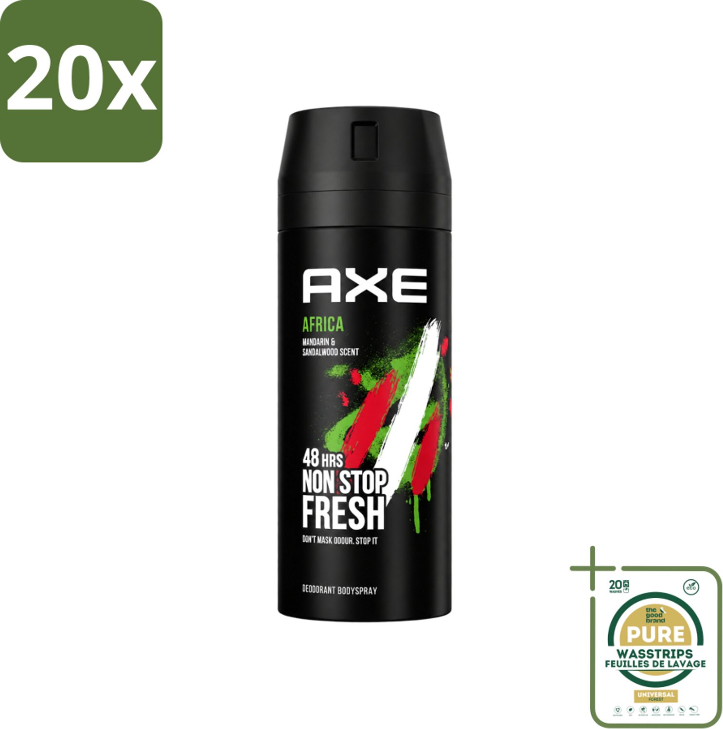 20 x Axe - Deodorant Bodyspray - 48hrs Non Stop Fresh - Africa - Mandarin & Sandalwood - 150 ml - Wasstrips - Deodorant Bodyspray - Geurbeheersing - 48 Uur Bescherming - Mandarijn En Sandelhout - AXE Africa