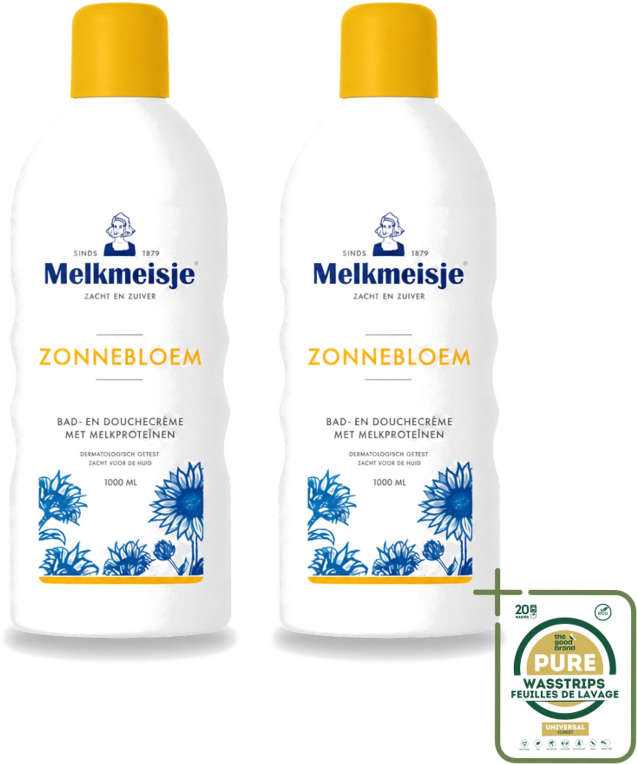 2 x Melkmeisje - Bad & Douche Zonnebloem - Romig Parfum - 1000 ml - Wasstrips - Douchecrème - Melkproteïnen - Zonnebloemextract - Huidverzorging - Fris Parfum