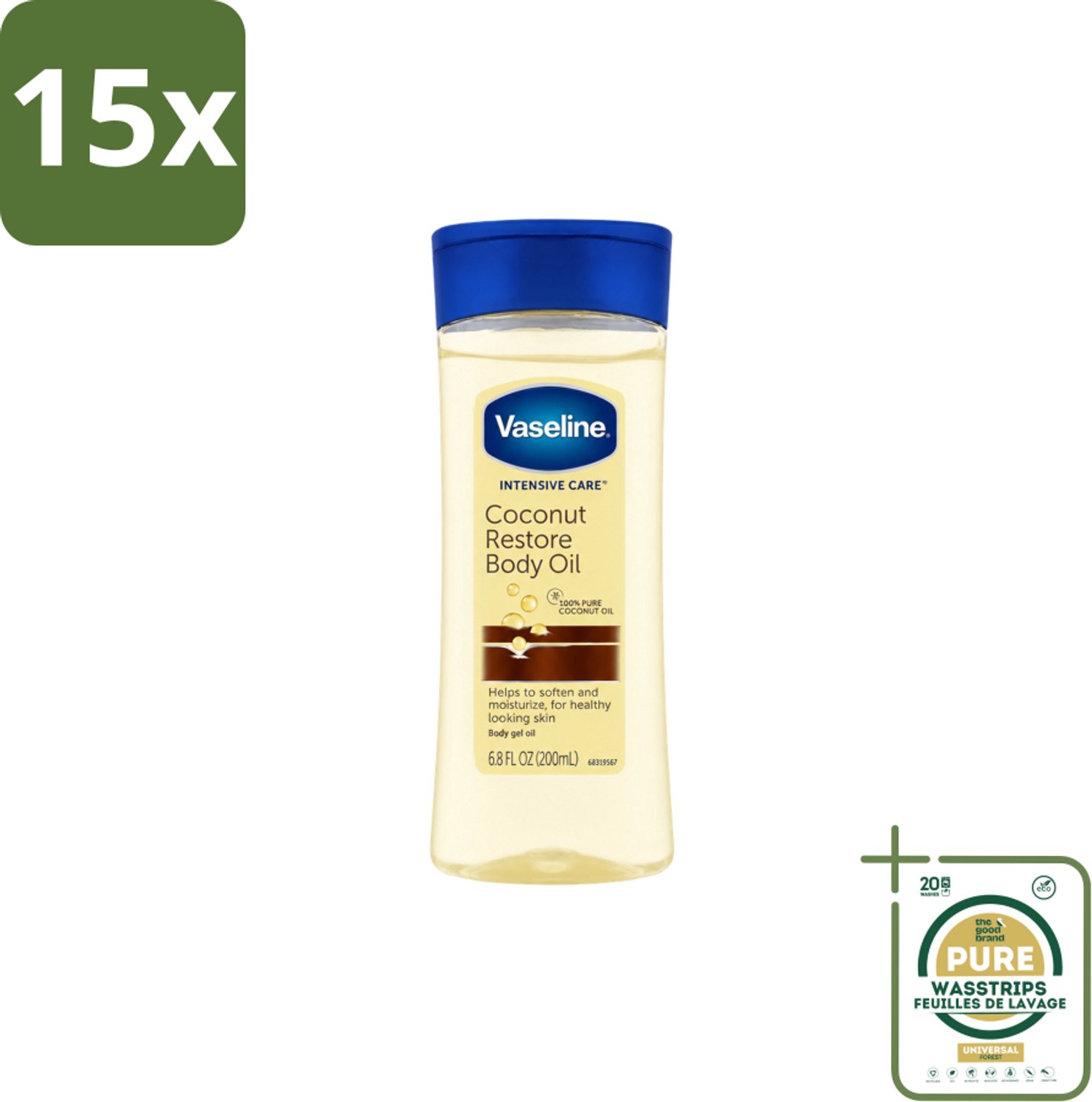 15 x Vaseline – Body Oil – Coconut Restore – 200 ml - Wasstrips - Body Oil - Kokosolie - Hydraterende Olie - Droge Huid - Herstellende Olie