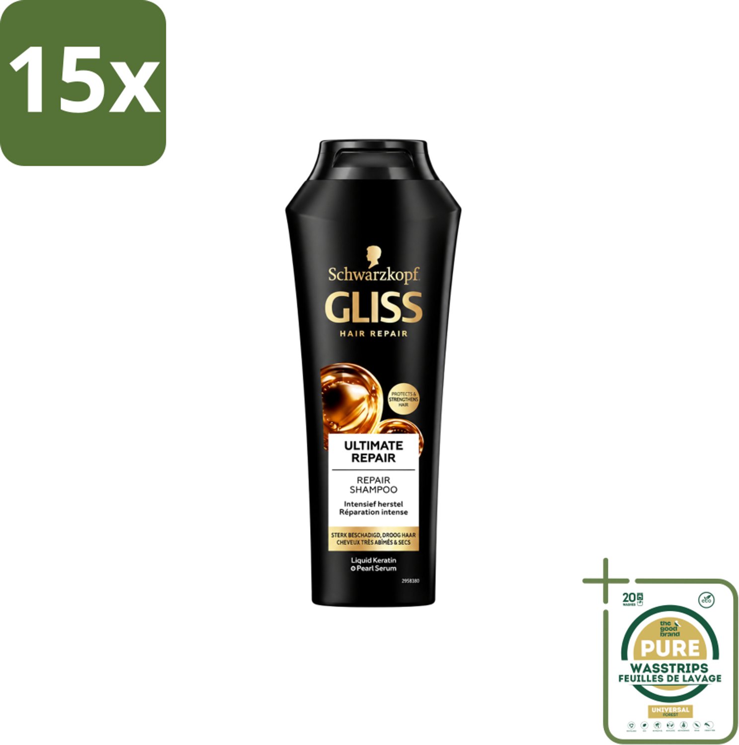 15 x Gliss Kur – Shampoo – Ultimate Repair – 250 ml - Wasstrips - Herstel Haar - Beschadigd Haar - Droog Haar - Breekbaar Haar - Keratine Shampoo