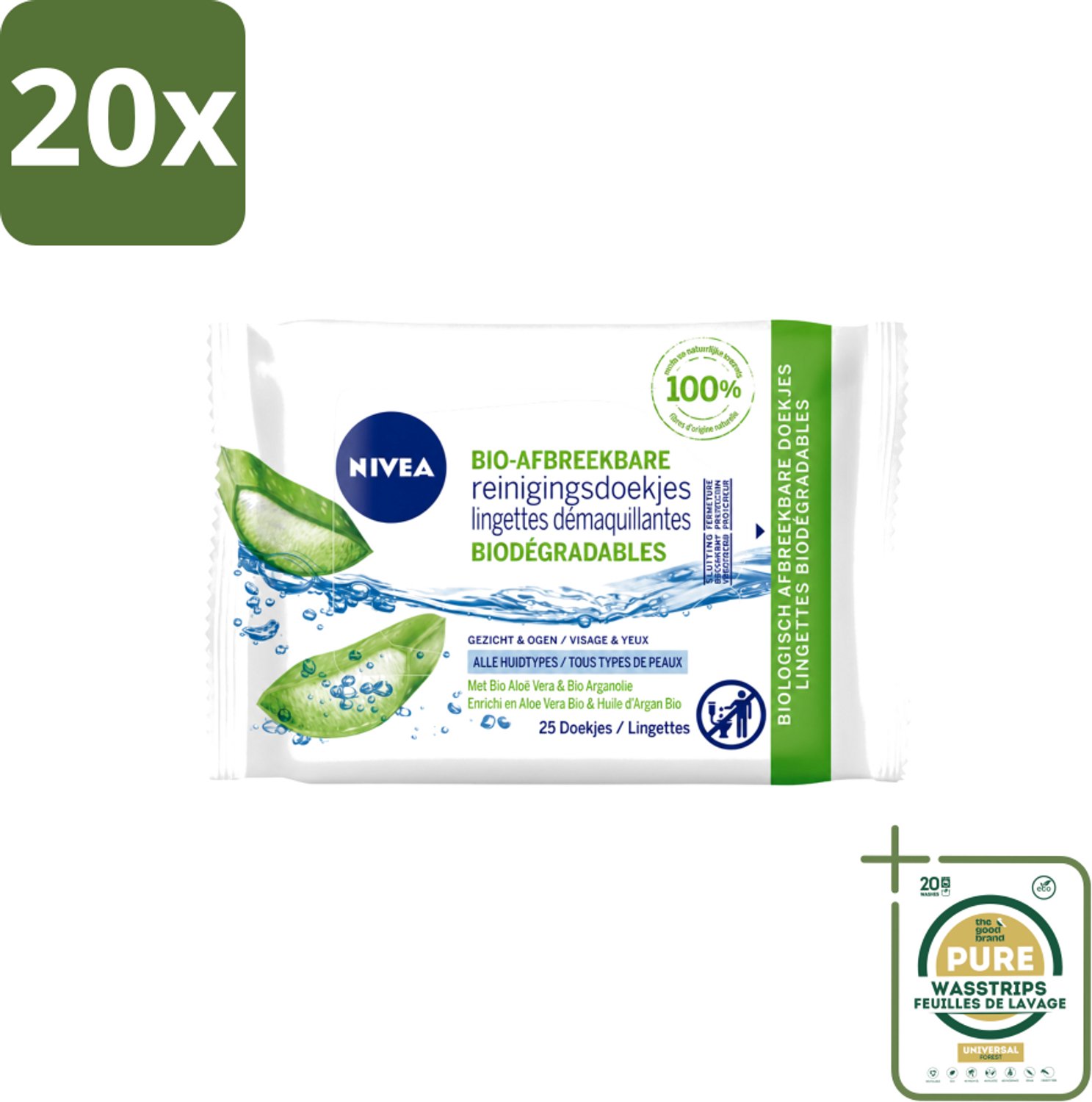 20 x Nivea – Reinigingsdoekjes – Bio Aloe Vera – 25 Doekjes - Wasstrips - Reinigingsdoekjes - Gezichtsreiniging - Make-up Verwijderen - Oogmake-up Verwijderen - Aloë Vera