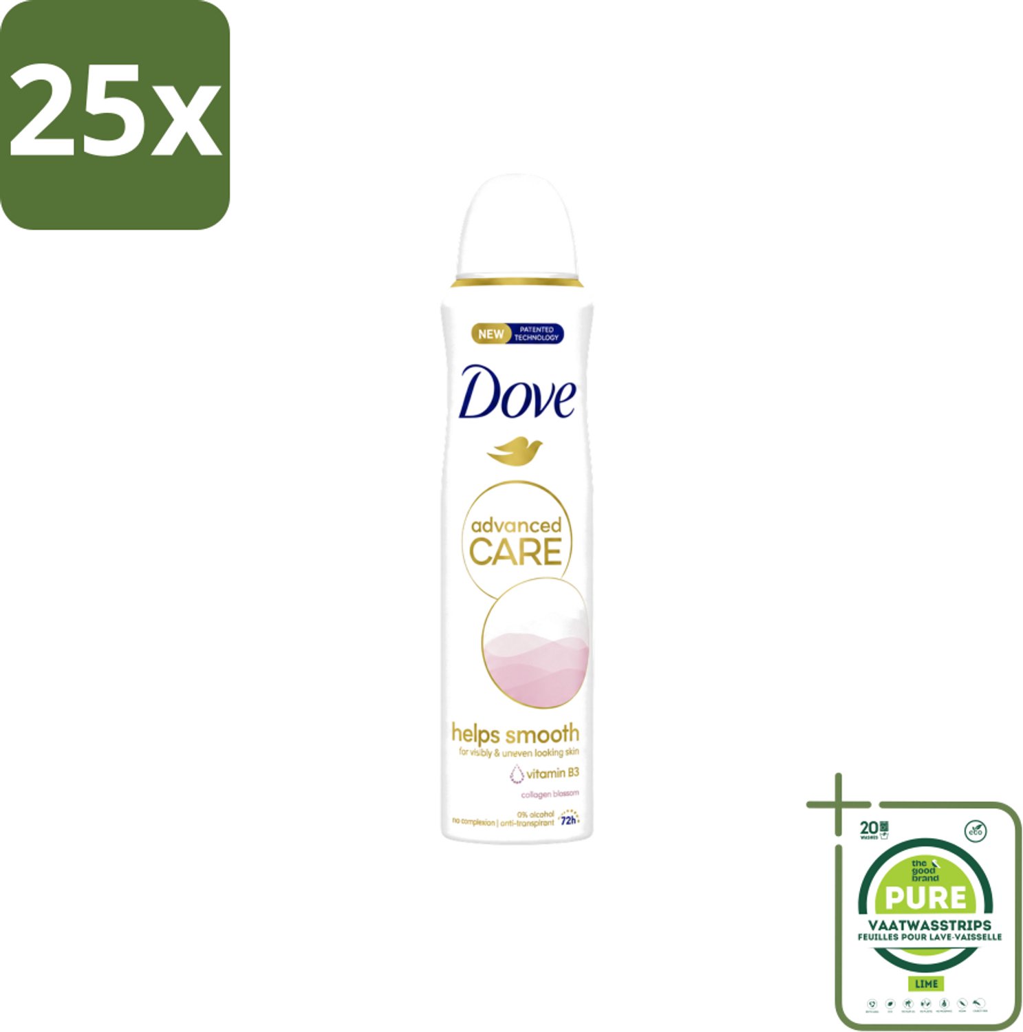 25 x Dove – Deodorant Spray – Helps Smooth Advanced Care – 150 ml - Grootverpakking - Vaatwasstrips - Deodorant Spray - Okselhuid Verzorging - Huidverzorging - Alcoholvrije Deodorant - Comfortabele Huid