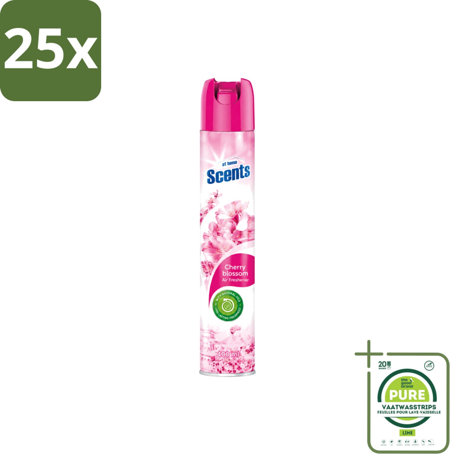 25 x At Home – Luchtverfrisser Spray – Cherry Blossom – Fris Bloemig - 400 ml - Grootverpakking - Vaatwasstrips - Luchtverfrisser - Kersenbloesemgeur - Frisse Geur - Geurneutraliseren - Luchtverfrisser Cherry Blossom