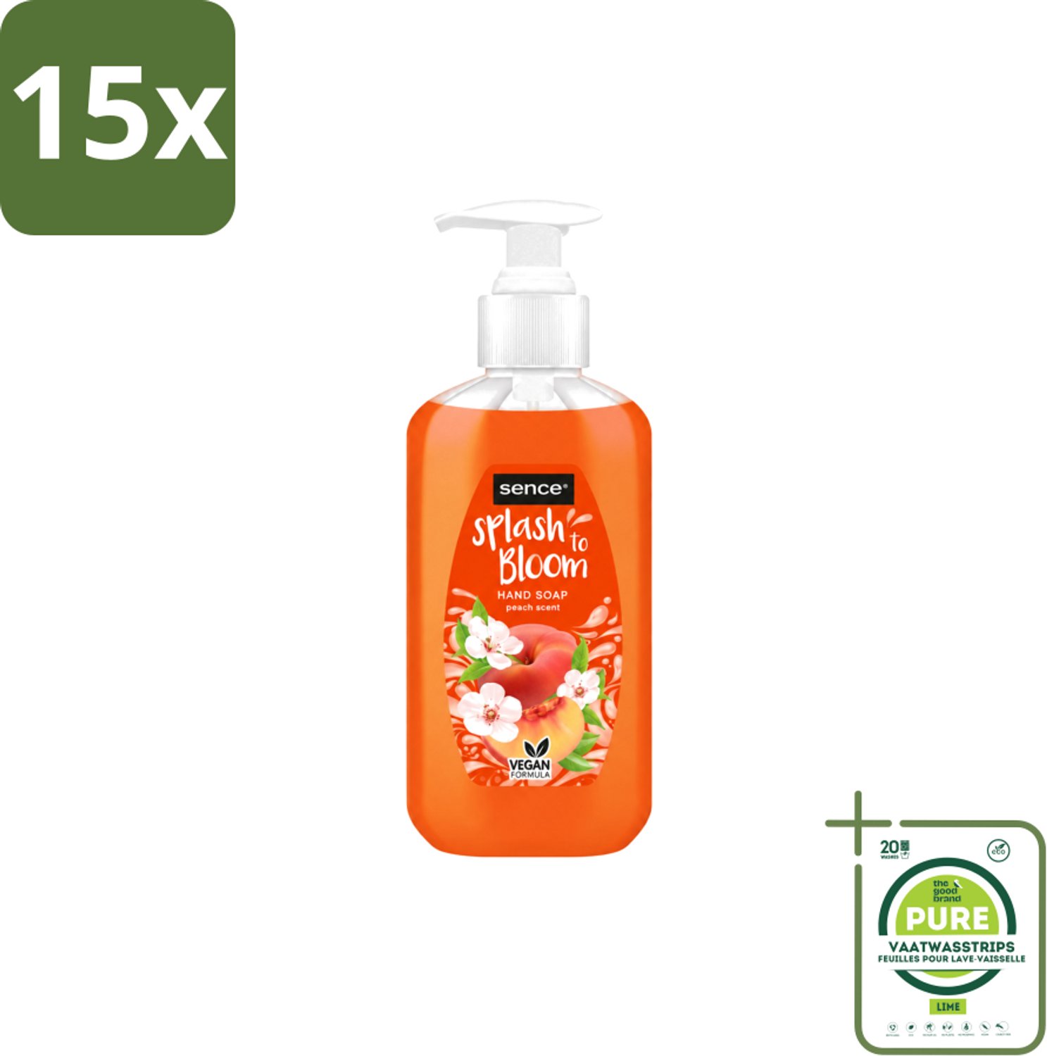 15 x Sence – Handzeep – Splash To Bloom Peach – 500 ml - Grootverpakking - Vaatwasstrips - Handzeep - Perzikgeur - Reiniging - Handen Reinigen - Zachte Handzeep