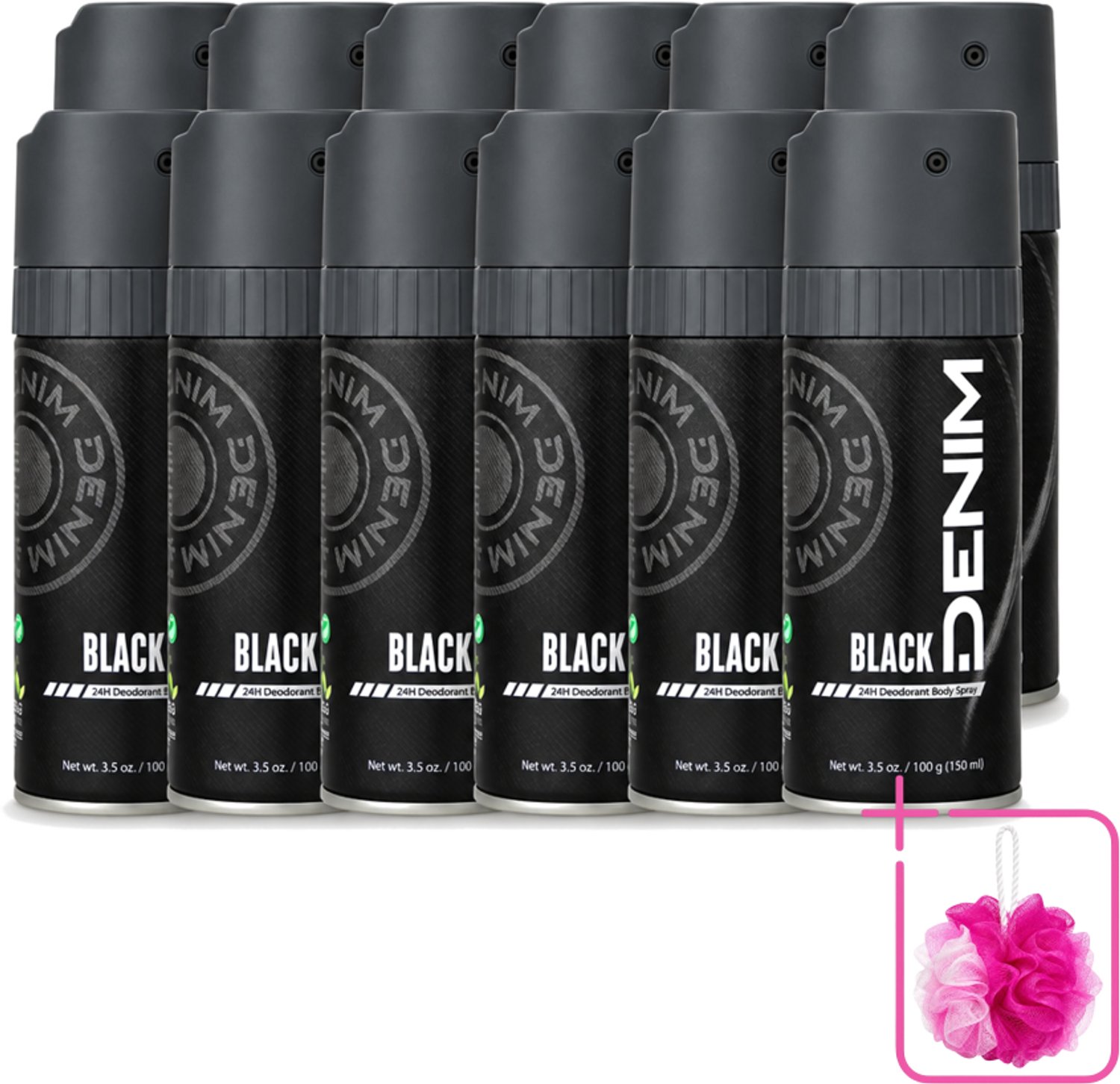 12 x Denim - Deodorant Aerosol - Black Geur - Voor Mannen - 150 ml - Bulkverpakking - Deodorant spray - Douchemop - Mannelijke geur
