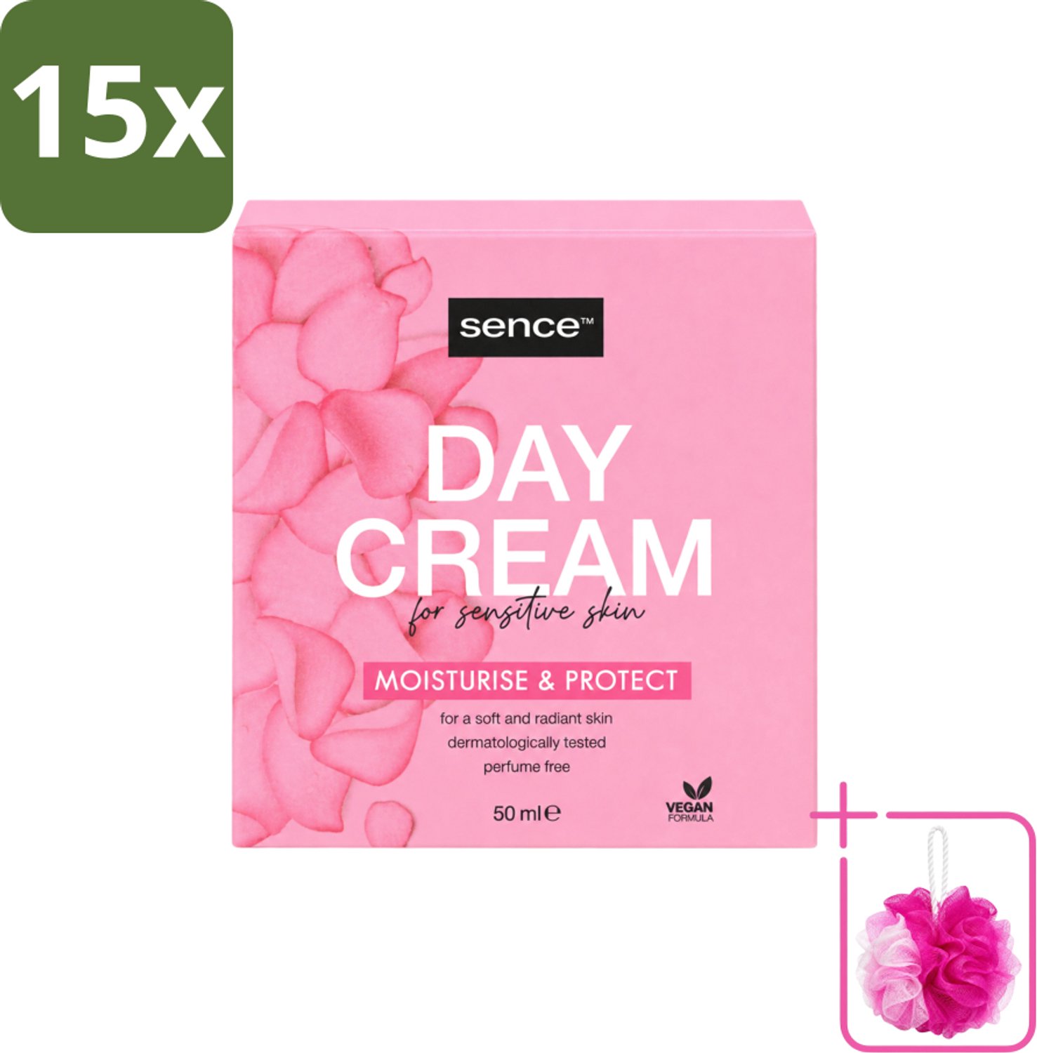 15 x Sence - Gevoelige Huid - Dagcrème - Verzachtend - 50 ml - Bulkverpakking - Gevoelige huid crème - Douchemop - Dagcrème